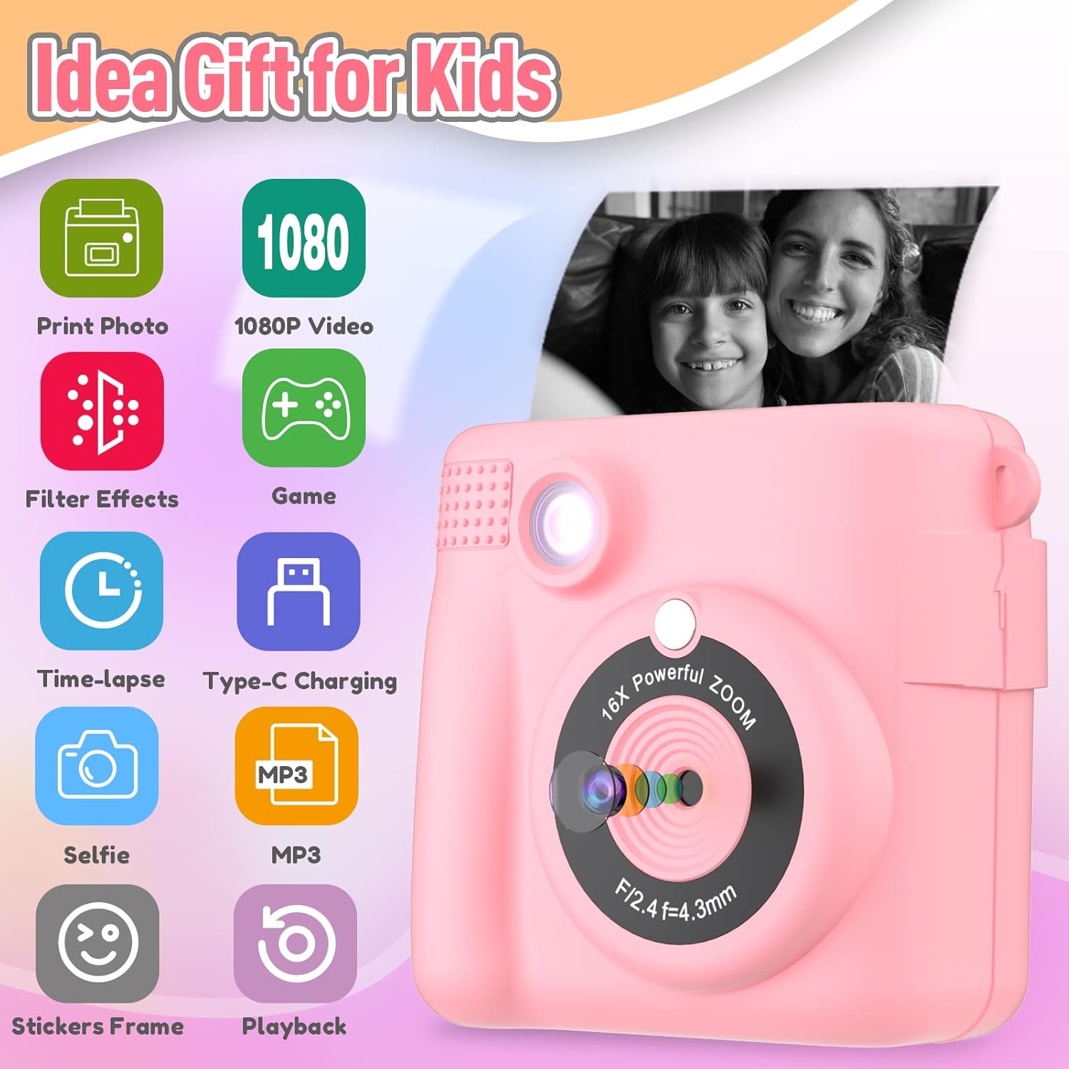 Instant Print Camera for Kids, Christmas Birthday Gifts Girls Boys Age 3-12, HD Digital Video Cameras Toddler, Portable Toy 3 4 5 6 7 8 9 10 Year Old Girl with 32GB SD Card-Pink-1