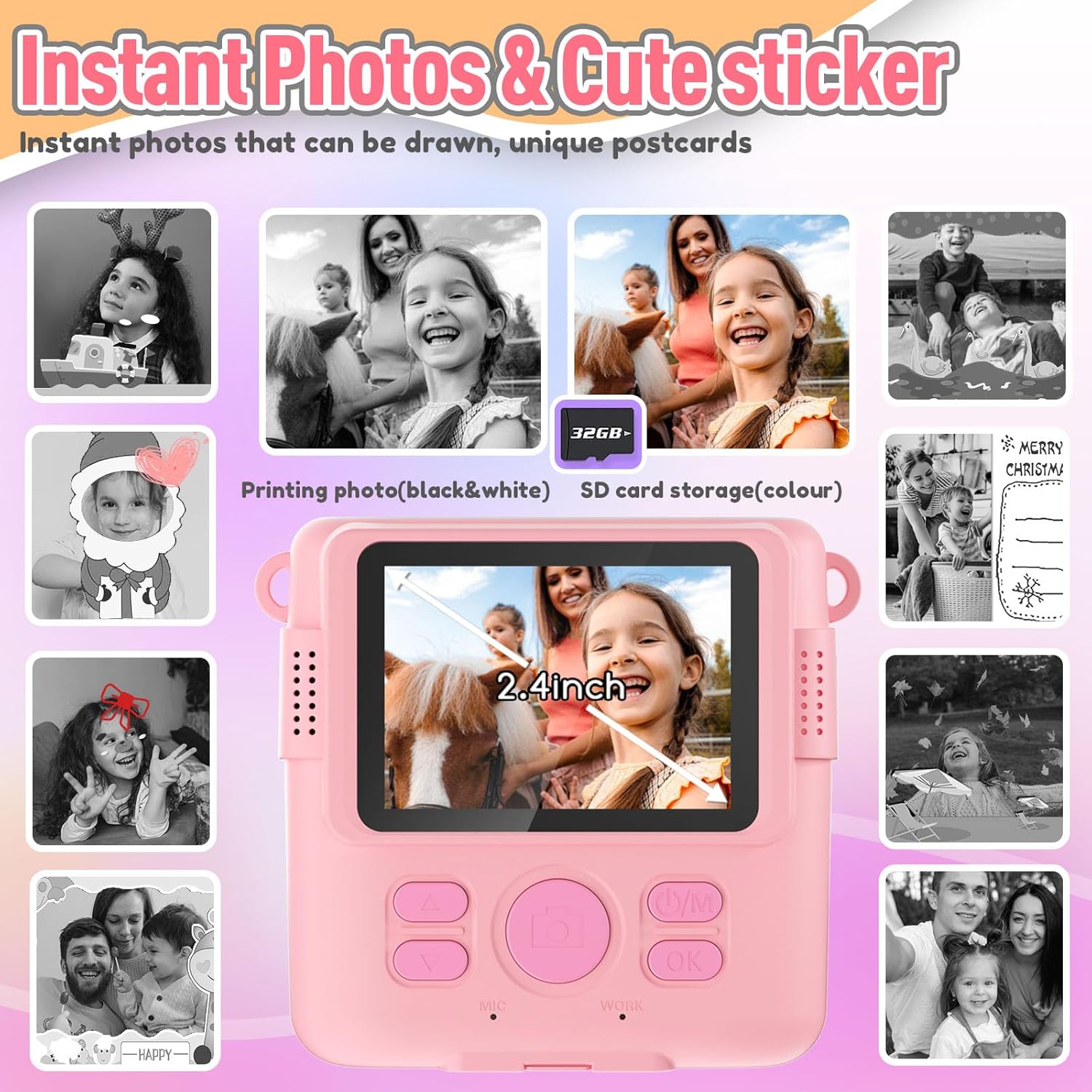 Instant Print Camera for Kids, Christmas Birthday Gifts Girls Boys Age 3-12, HD Digital Video Cameras Toddler, Portable Toy 3 4 5 6 7 8 9 10 Year Old Girl with 32GB SD Card-Pink-2