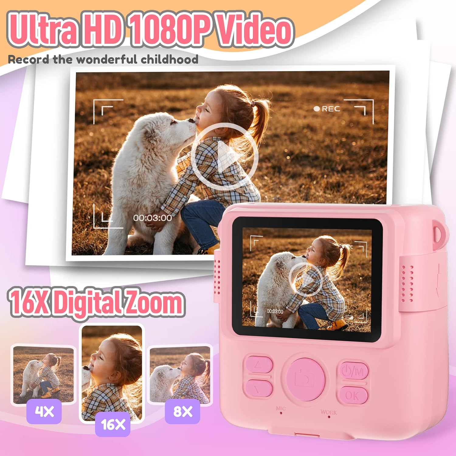 Instant Print Camera for Kids, Christmas Birthday Gifts Girls Boys Age 3-12, HD Digital Video Cameras Toddler, Portable Toy 3 4 5 6 7 8 9 10 Year Old Girl with 32GB SD Card-Pink-3