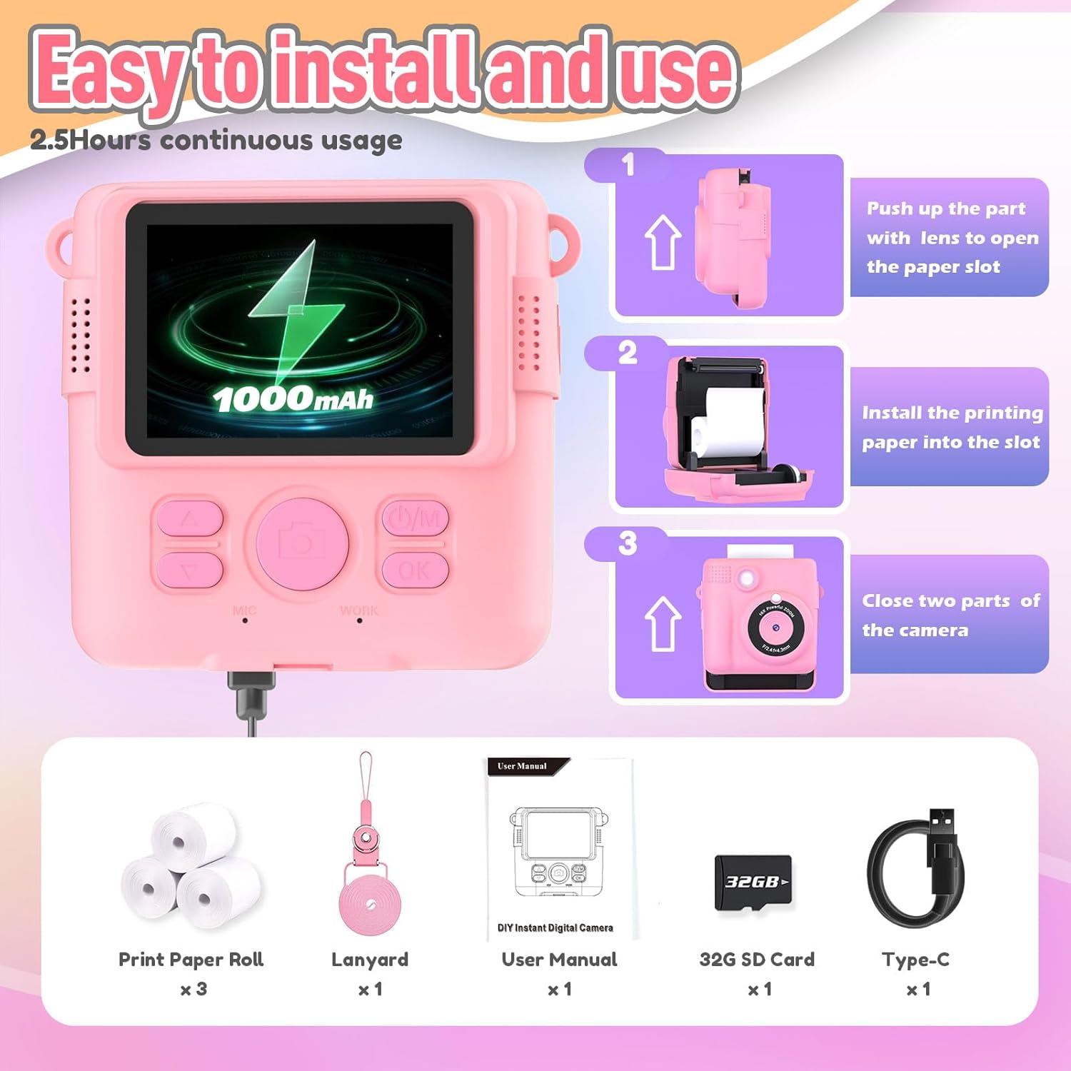 Instant Print Camera for Kids, Christmas Birthday Gifts Girls Boys Age 3-12, HD Digital Video Cameras Toddler, Portable Toy 3 4 5 6 7 8 9 10 Year Old Girl with 32GB SD Card-Pink-5