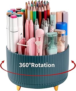 Desk Pencil Pen Holder, 5 Slots 360°Degree Rotating Pen Organizers for Desk, Desktop Storage Stationery Supplies Organizer, Cute Pencil Cup Pot for Office, School, Home, Art Supply, Dark Green