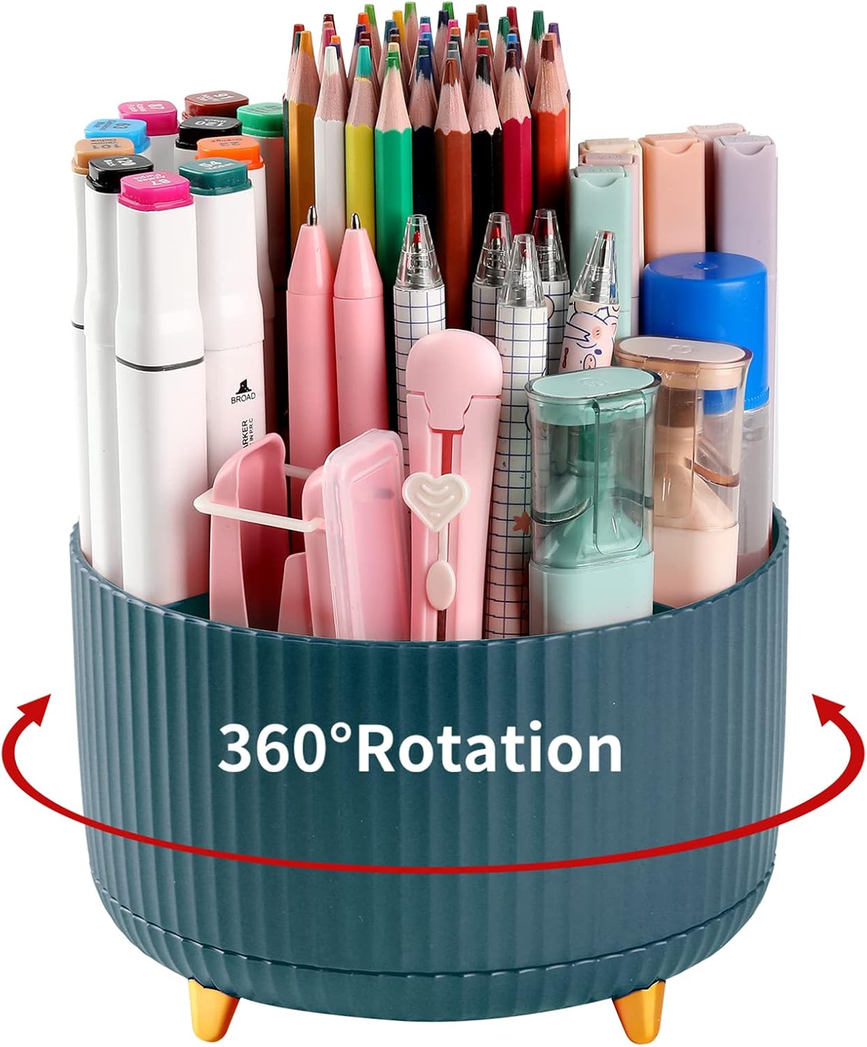 Desk Pencil Pen Holder, 5 Slots 360°Degree Rotating Pen Organizers for Desk, Desktop Storage Stationery Supplies Organizer, Cute Pencil Cup Pot for Office, School, Home, Art Supply, Dark Green-0