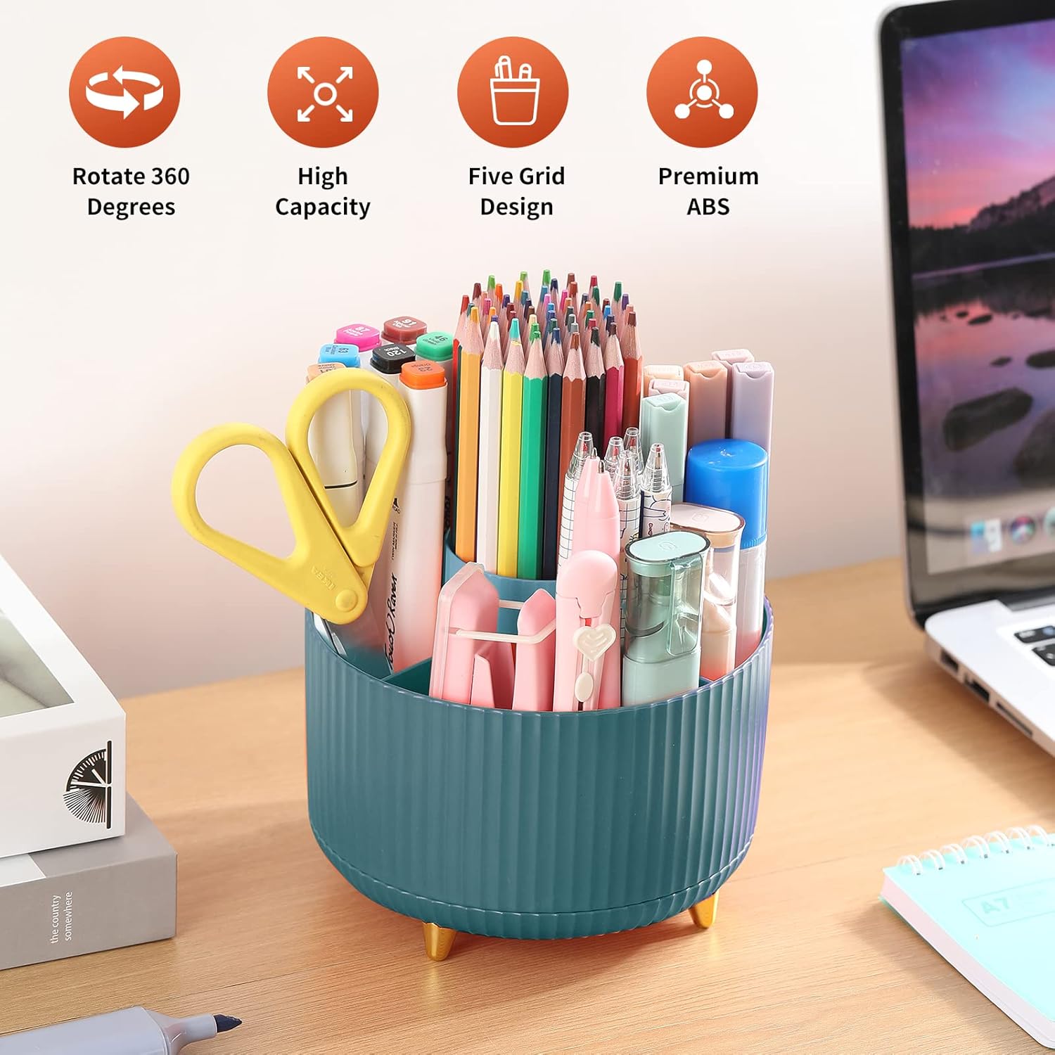 Desk Pencil Pen Holder, 5 Slots 360°Degree Rotating Pen Organizers for Desk, Desktop Storage Stationery Supplies Organizer, Cute Pencil Cup Pot for Office, School, Home, Art Supply, Dark Green-1