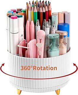 Desk Pencil Pen Holder, 5 Slots 360°Degree Rotating Pencil Pen Organizers for Desk, Desktop Storage Stationery Supplies Organizer, Cute Pencil Cup Pot for Office, School, Home, Art Supply, White