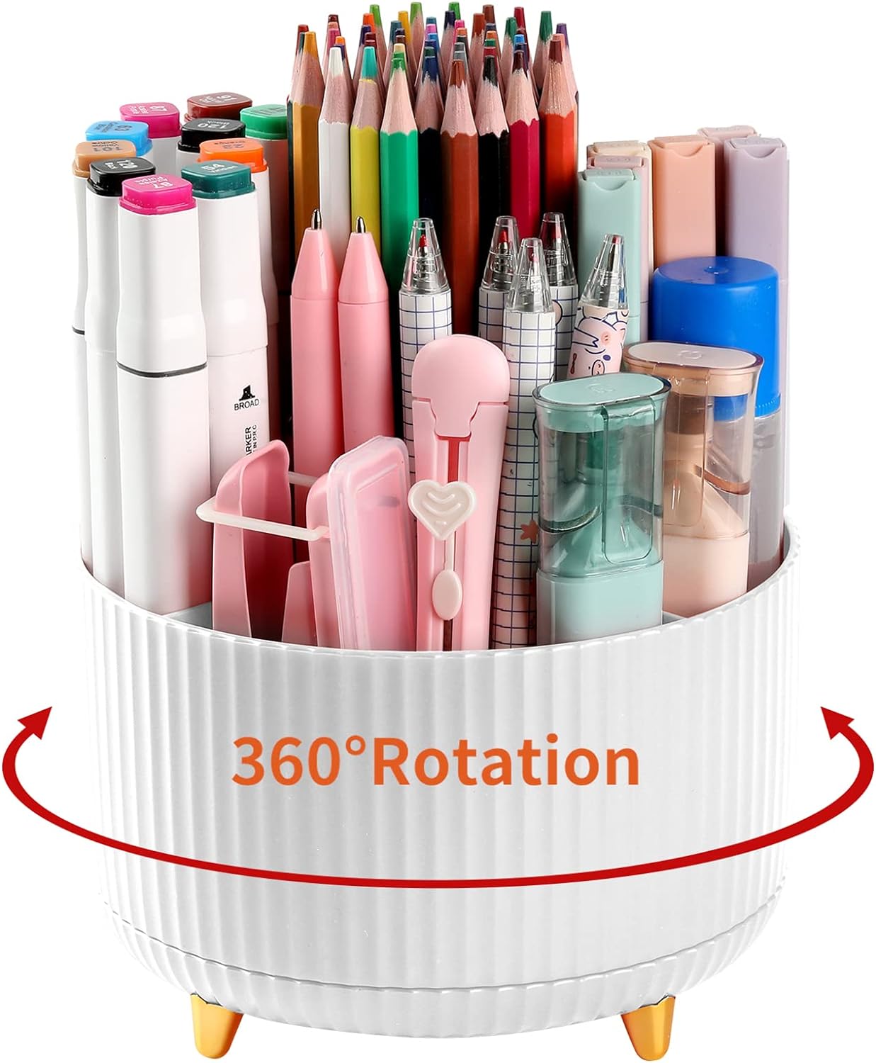 Desk Pencil Pen Holder, 5 Slots 360°Degree Rotating Pencil Pen Organizers for Desk, Desktop Storage Stationery Supplies Organizer, Cute Pencil Cup Pot for Office, School, Home, Art Supply, White-0