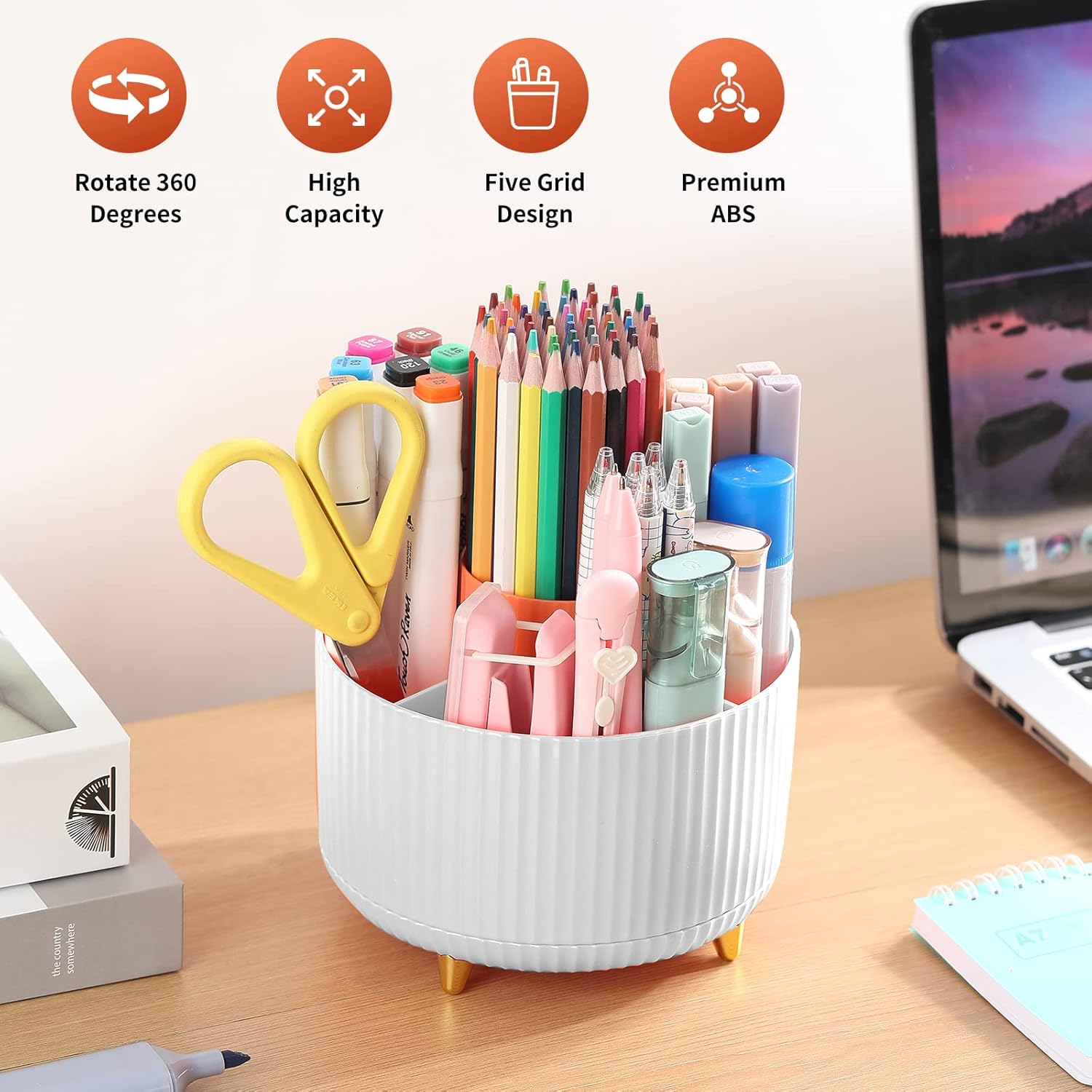 Desk Pencil Pen Holder, 5 Slots 360°Degree Rotating Pencil Pen Organizers for Desk, Desktop Storage Stationery Supplies Organizer, Cute Pencil Cup Pot for Office, School, Home, Art Supply, White-1