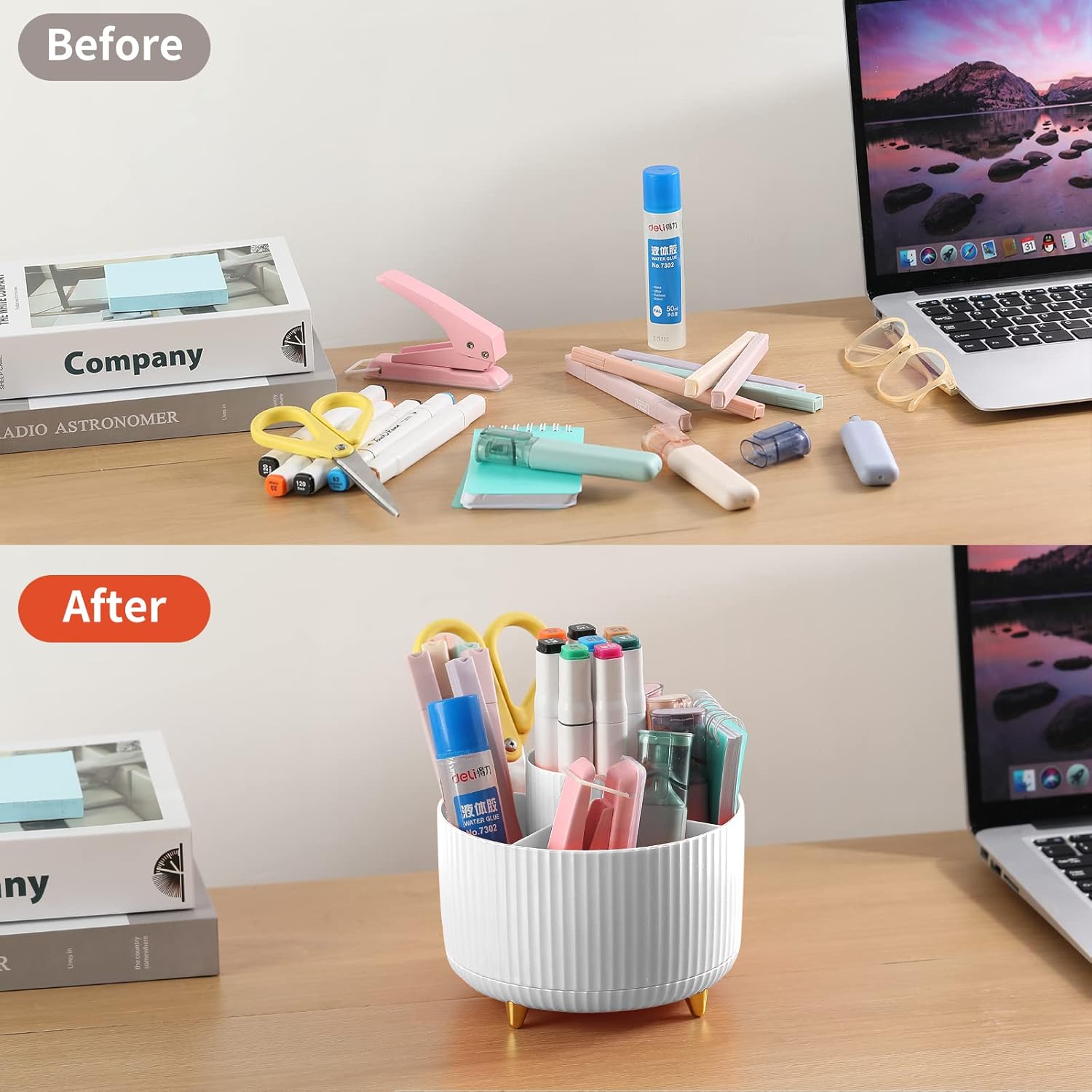 Desk Pencil Pen Holder, 5 Slots 360°Degree Rotating Pencil Pen Organizers for Desk, Desktop Storage Stationery Supplies Organizer, Cute Pencil Cup Pot for Office, School, Home, Art Supply, White-3