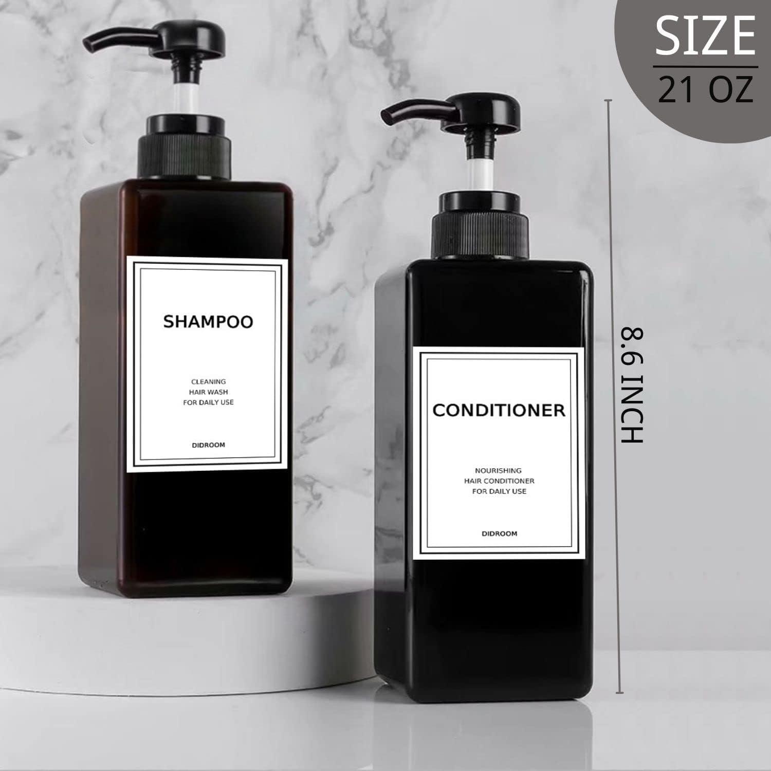 Shampoo and Conditioner Dispenser, Refillable Shampoo and Conditioner Bottles Set with Labels - Empty Shower Plastic Dispenser (21oz)-2