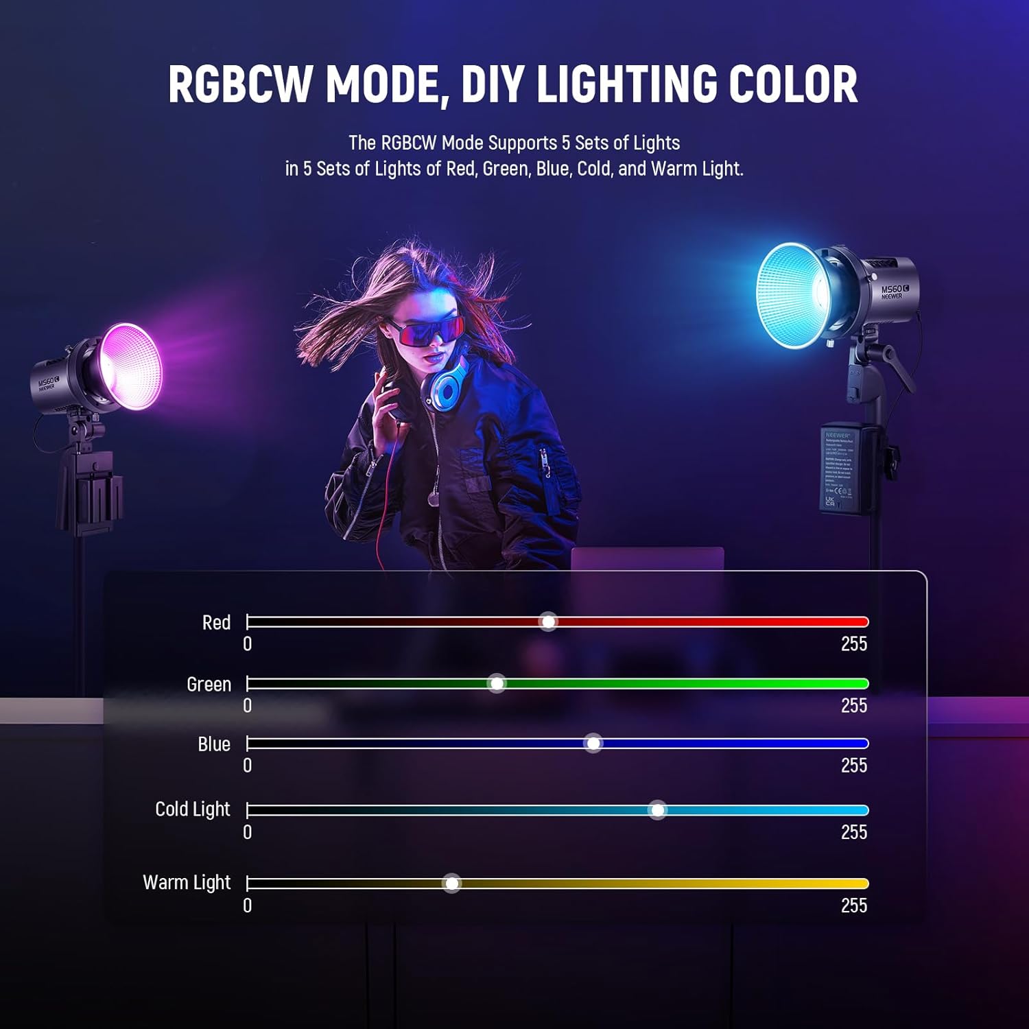 NEEWER MS60C RGBWW LED Video Light with 2.4G/APP Control, 65W Metal Mini RGB COB Continuous Output Lighting Bowens Mount Handheld Spotlight 2700K-6500K,8300lux/1m, CRI 97+/TLCI 98+,17 Effects + RGBCW-4