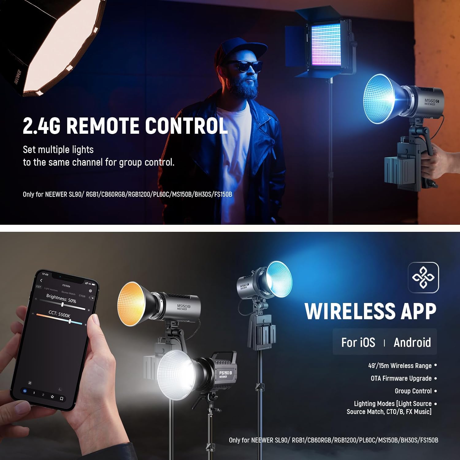 NEEWER MS60C RGBWW LED Video Light with 2.4G/APP Control, 65W Metal Mini RGB COB Continuous Output Lighting Bowens Mount Handheld Spotlight 2700K-6500K,8300lux/1m, CRI 97+/TLCI 98+,17 Effects + RGBCW-5