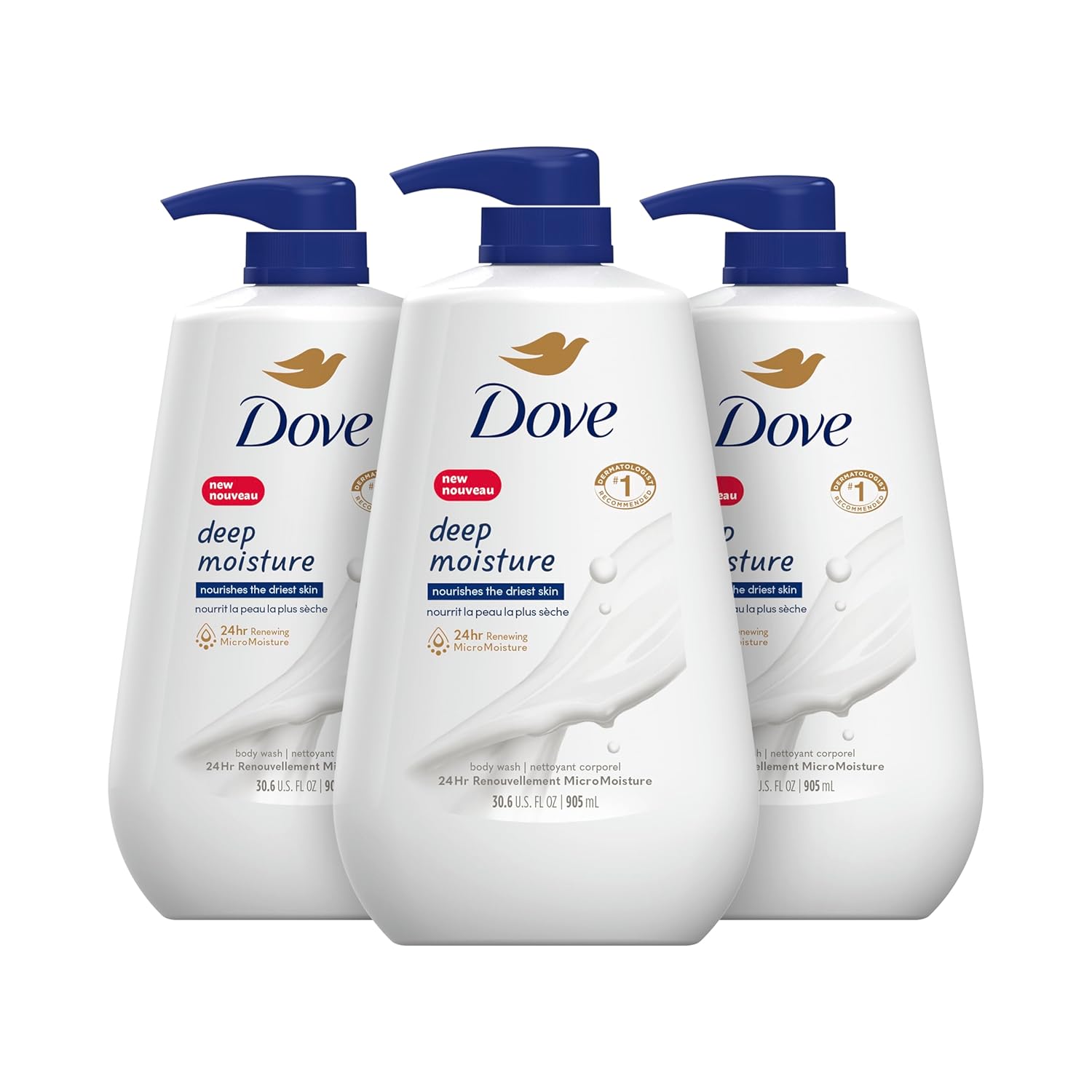 Dove Deep Moisture Body Wash 30.6 Fl Oz Pack of 3 with Pump, Luxurious Hydration for Dry Skin, Cleanser with 24hr Renewing MicroMoisture-0