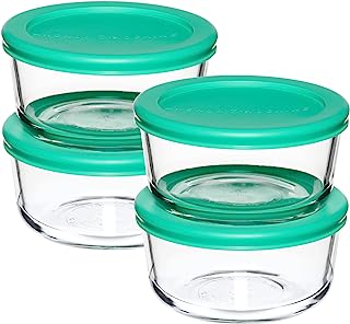 Anchor Hocking 2 Cup Glass Storage Containers with Lids, Set of 4 Glass Food Storage Containers with Mint SnugFit Lids