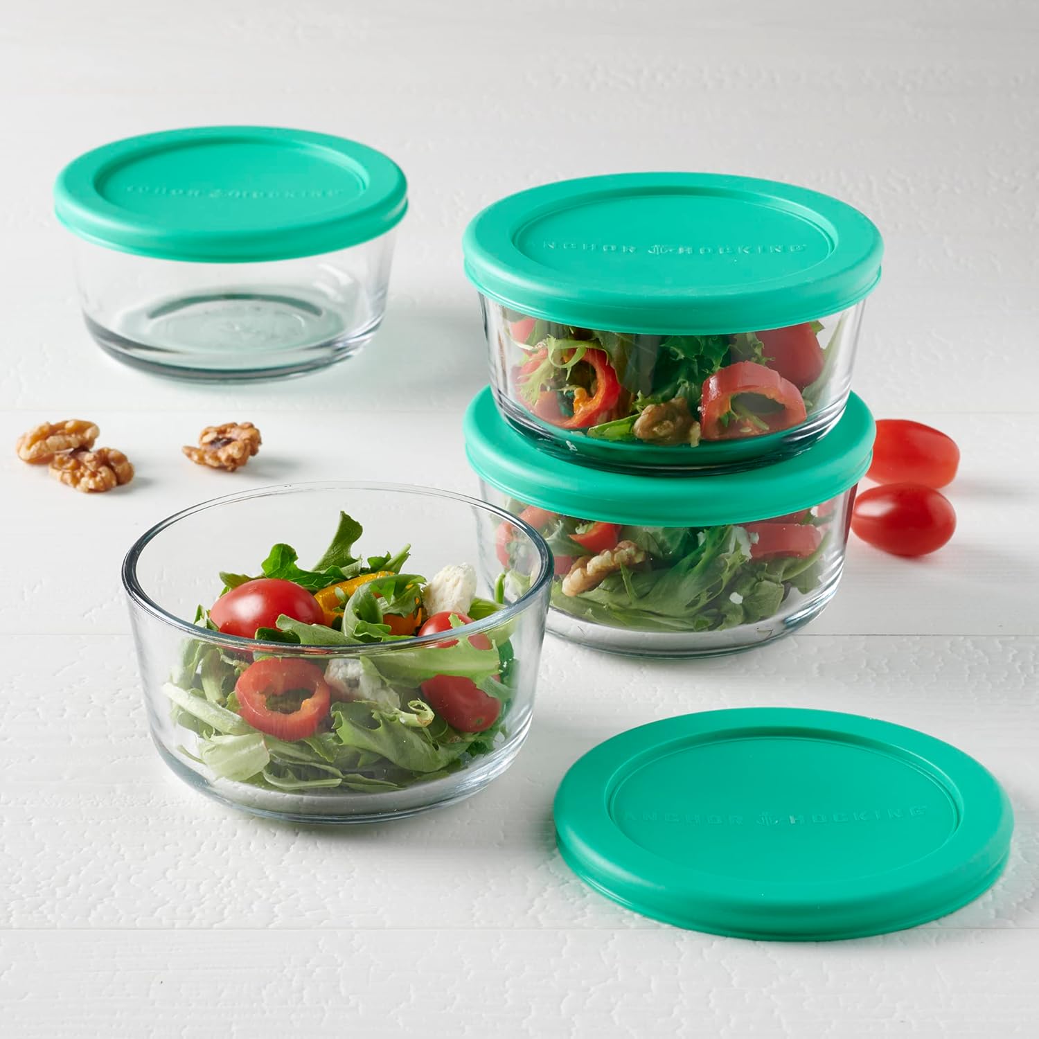 Anchor Hocking 2 Cup Glass Storage Containers with Lids, Set of 4 Glass Food Storage Containers with Mint SnugFit Lids-1