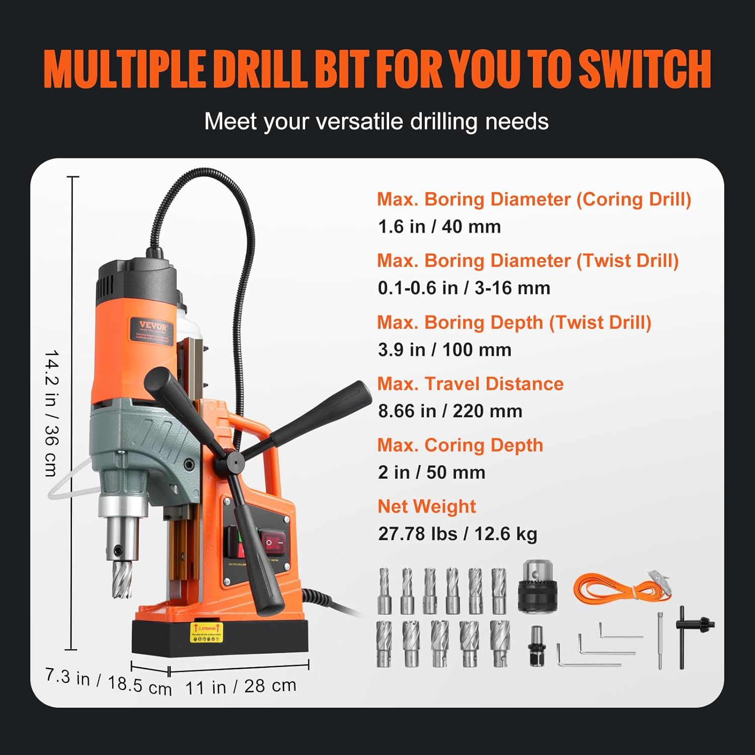 VEVOR Mag Drill Press, 1300W 1.57" Boring Diameter, 2922lbf Power Portable Magnetic Drill, 810 PRM, 11Pcs Drill Bits Electric Drilling Machine for Metal Surface, Industrial and Home Improvement-6