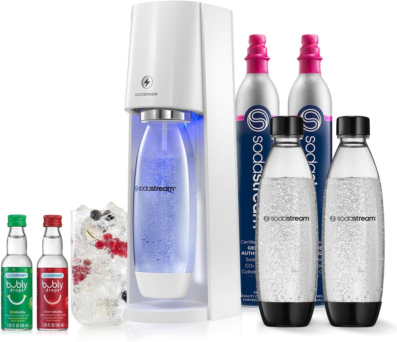 SodaStream E-TERRA Sparkling Water Maker Bundle (White), with CO2, Carbonating Bottles, and bubly Drops Flavors-0