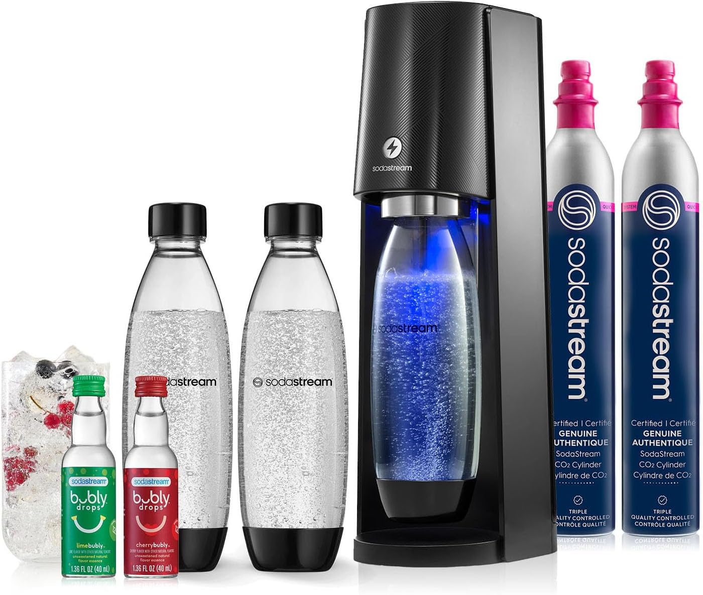 SodaStream E-TERRA Sparkling Water Maker Bundle (Black), with CO2, Carbonating Bottles, and bubly Drops Flavors-0