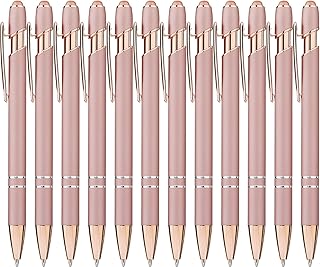 LINFANC 12 Pack Rose Gold Ballpoint Pen with Stylus Tip, 1.0 mm Black Ink Smooth Writing Pens, Metal Stylus Pens for Touch Screens