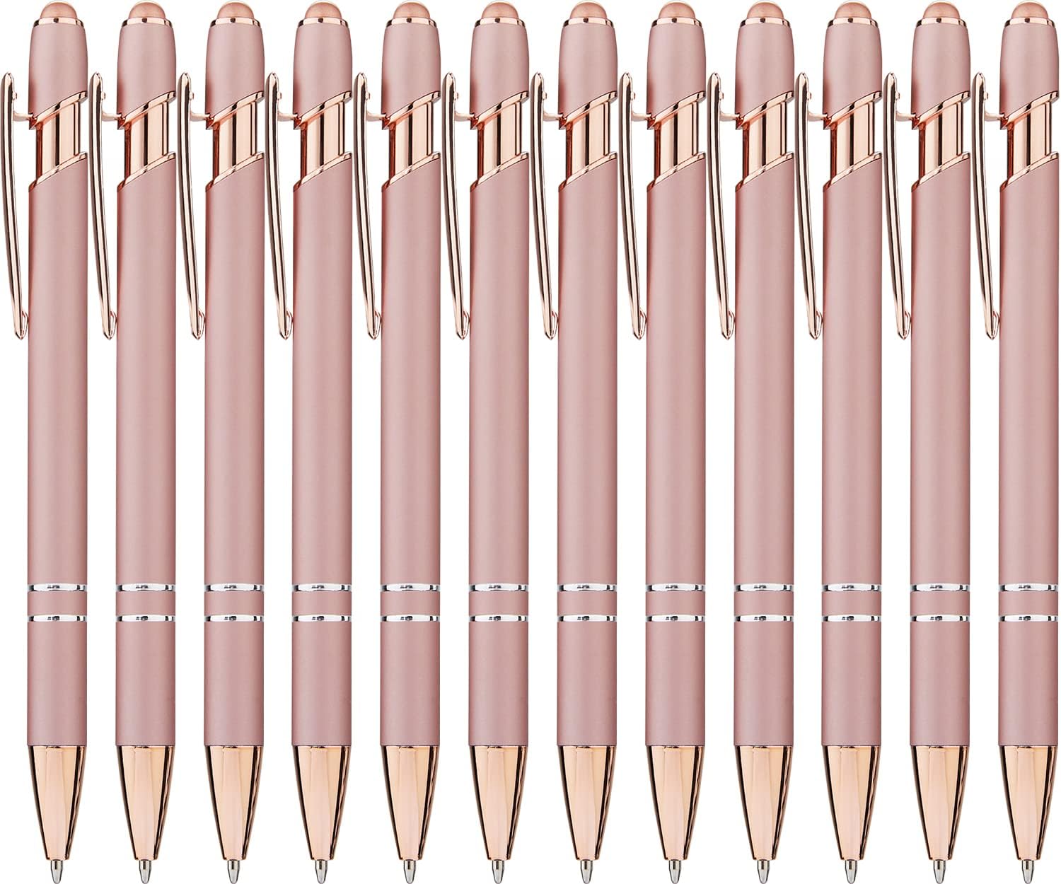 LINFANC 12 Pack Rose Gold Ballpoint Pen with Stylus Tip, 1.0 mm Black Ink Smooth Writing Pens, Metal Stylus Pens for Touch Screens-0