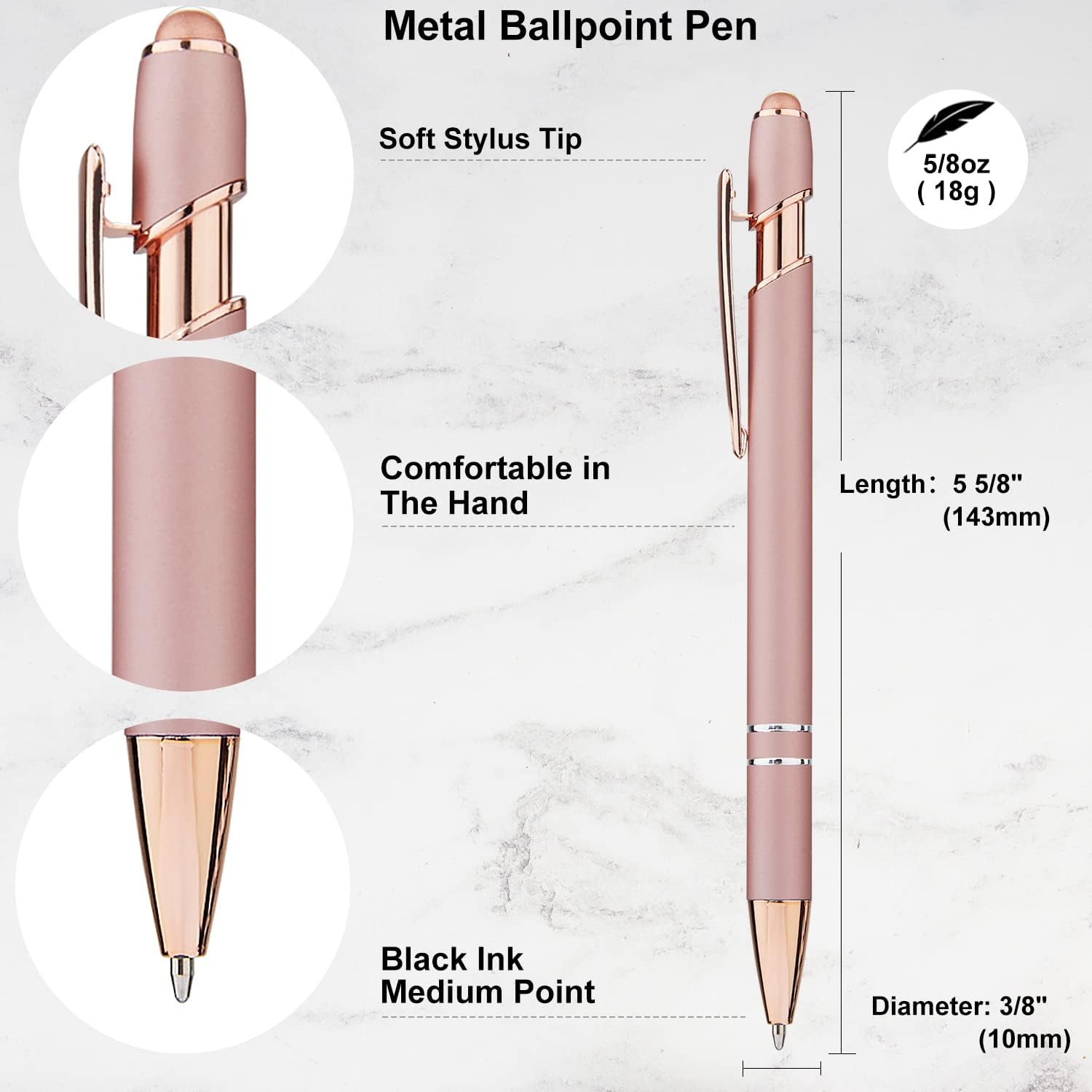 LINFANC 12 Pack Rose Gold Ballpoint Pen with Stylus Tip, 1.0 mm Black Ink Smooth Writing Pens, Metal Stylus Pens for Touch Screens-1