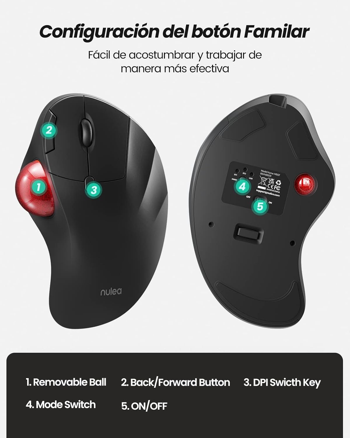 Nulea M507A Wireless Trackball Mouse, Ergonomic Comfort Design with Larger Thumb Trackball & Longer Palm Rest, 5 Adjustable DPI, for Windows, PC and Mac with Bluetooth and USB Capabilities-6