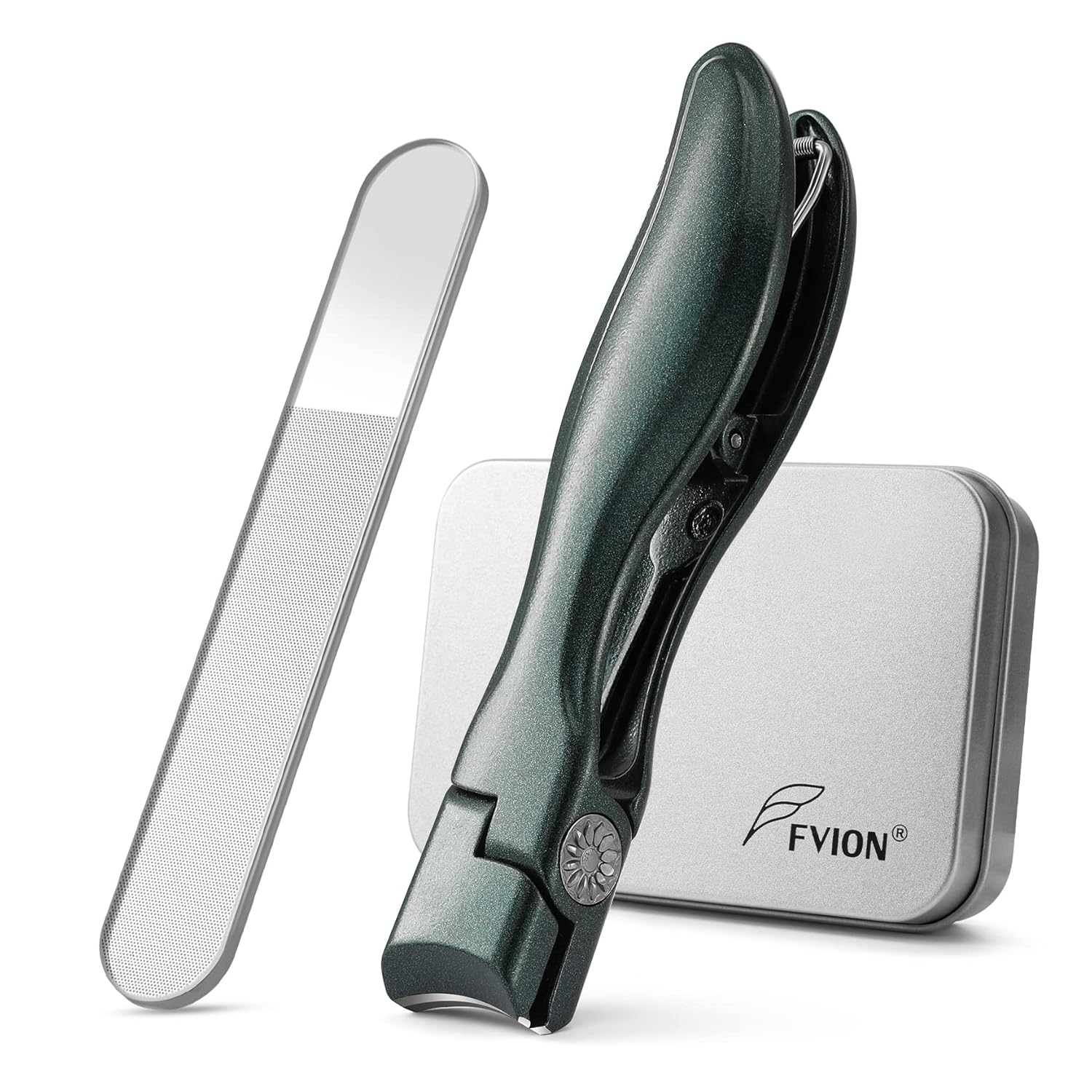 FVION Nail Clipper for Thick Fingernail and Toenail, Wide Jaw Nail Clippers with Crystal File, Large Toe Nail Clipper with Catcher for Men and Women, Nail Cutter Set - Green-0