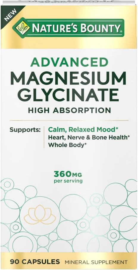 Nature's Bounty High Absorption Magnesium Glycinate, Supports a Calm & Relaxed Mood, Heart, Nerves, Muscle & Bone Health Support, 90 Capsules-0