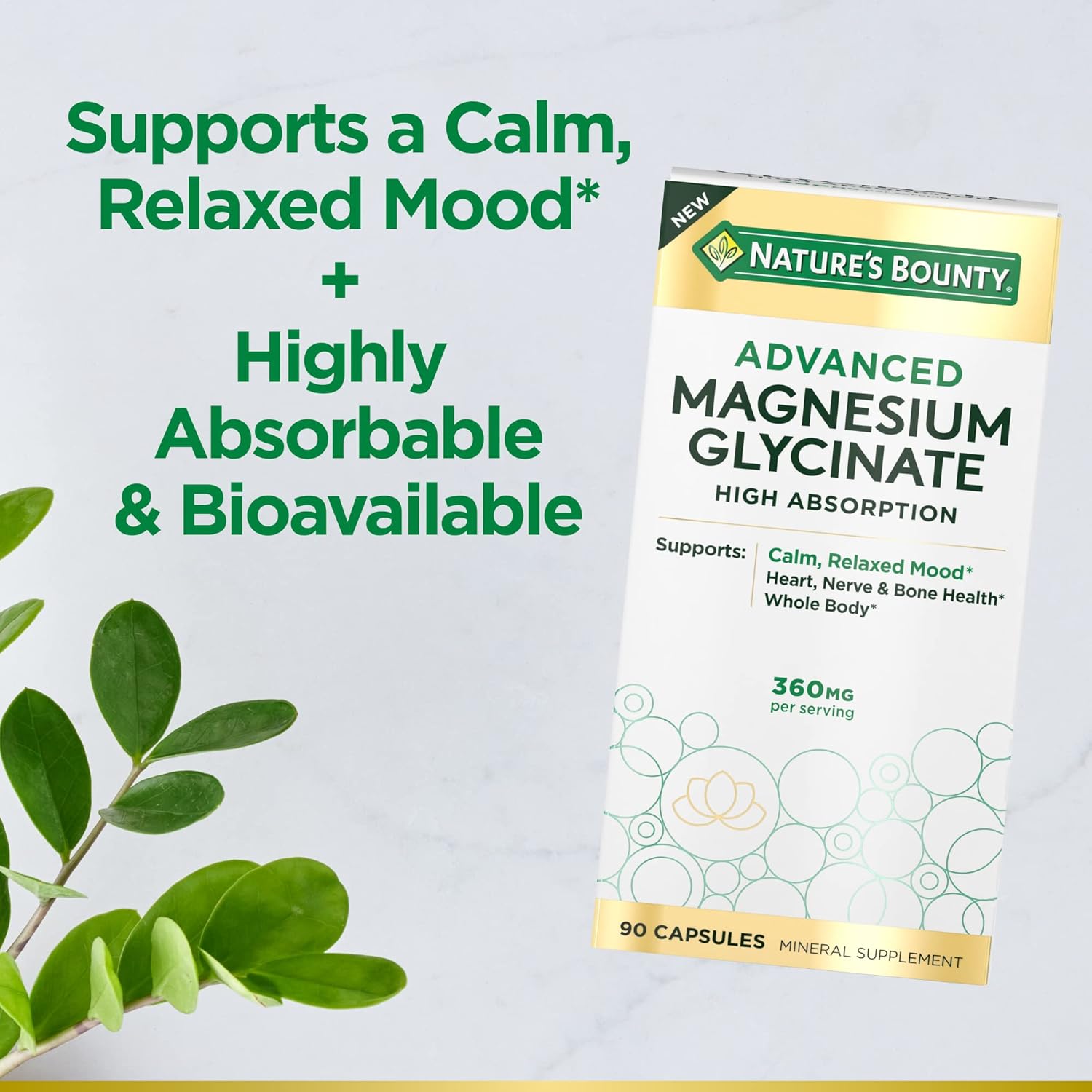 Nature's Bounty High Absorption Magnesium Glycinate, Supports a Calm & Relaxed Mood, Heart, Nerves, Muscle & Bone Health Support, 90 Capsules-3