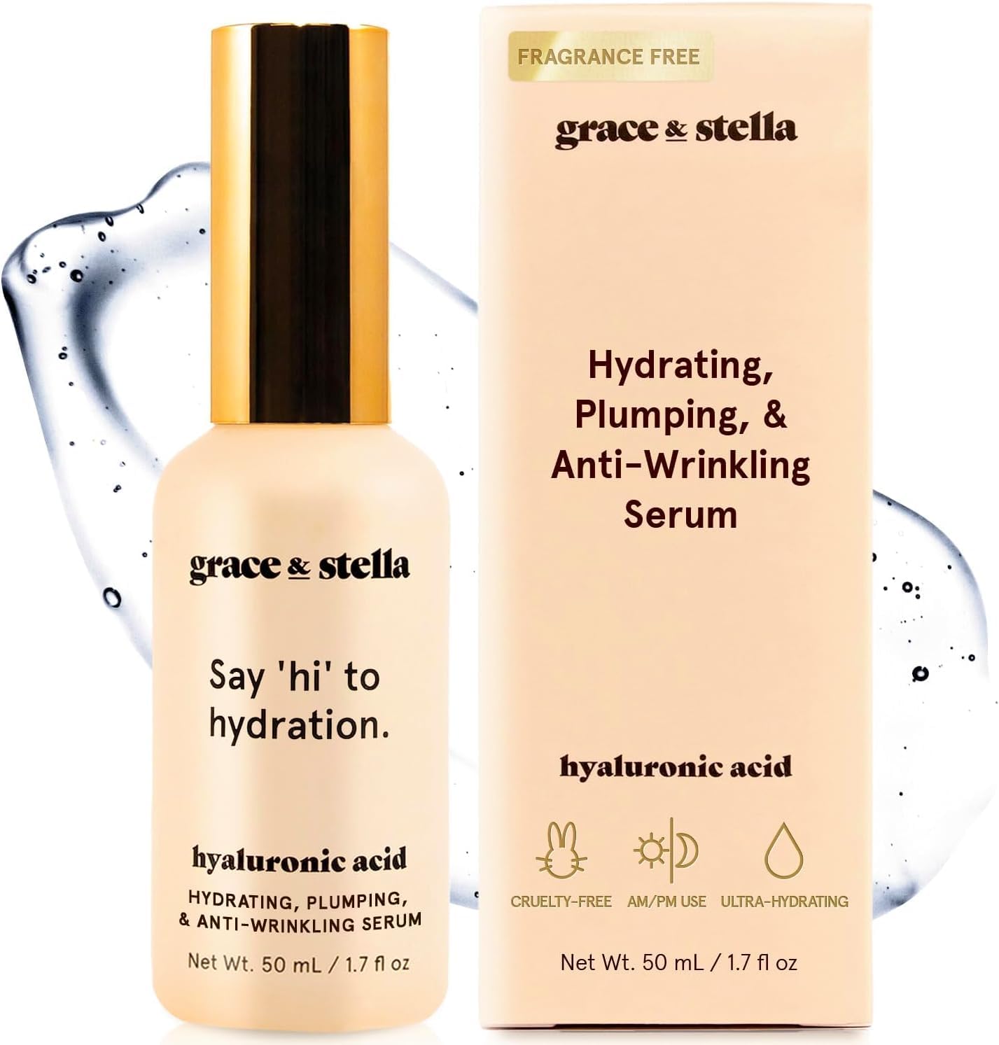 grace & stella Award Winning Hyaluronic Acid Serum (50ml/1.7 fl oz) Hyaluronic Acid Serum for Face - Acido Hialuronico Face Serum for Women - Hydrating Serum Remove Fine Lines, Wrinkles - Anti Aging-0