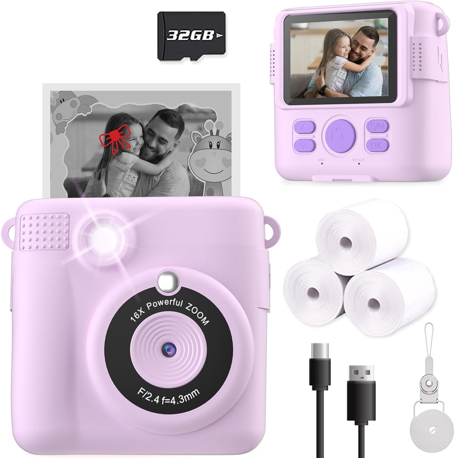 Instant Print Camera for Kids, Christmas Birthday Gifts for Girls Boys, HD Digital Video Cameras for Toddler, Portable Toy for 4 5 6 7 8 9 10 Year Old Girl with 32GB SD Card-Purple-0