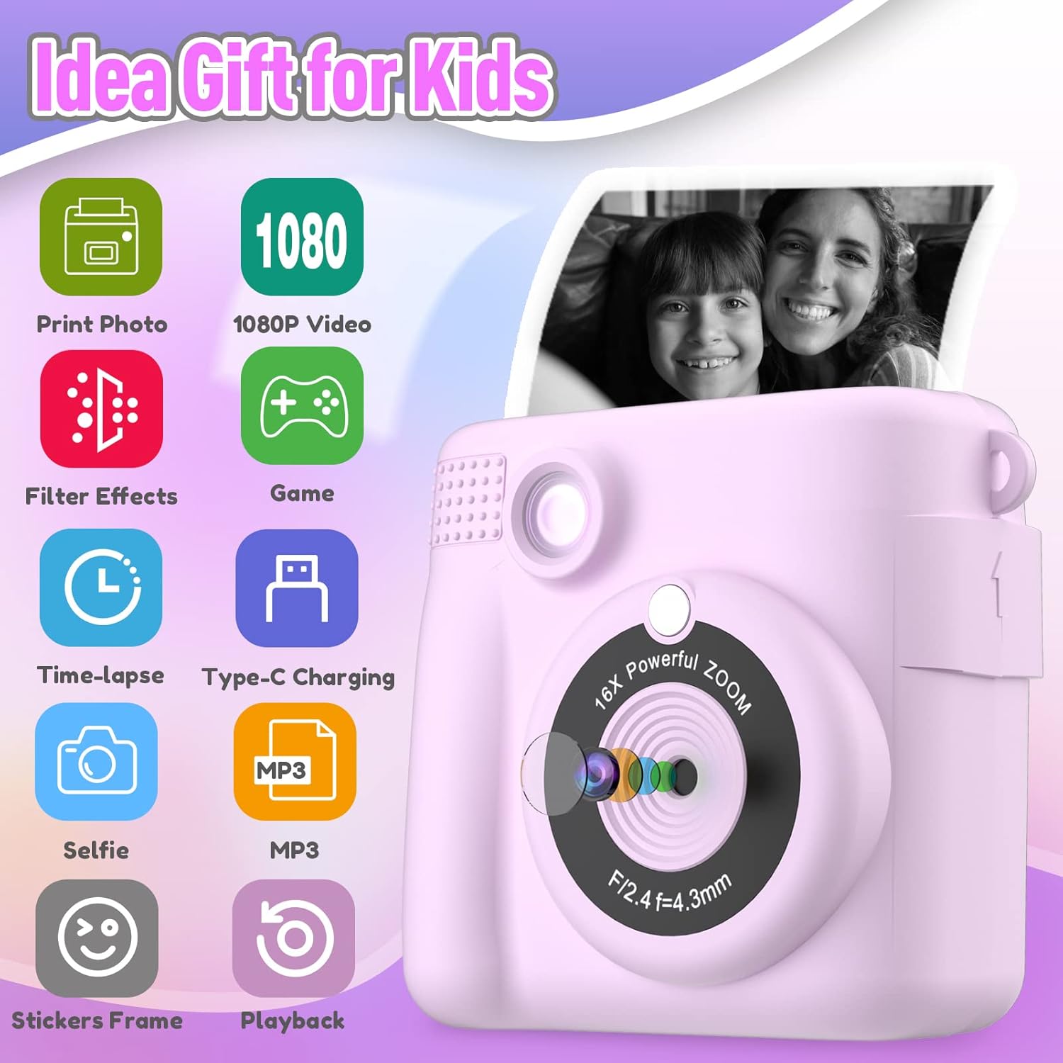 Instant Print Camera for Kids, Christmas Birthday Gifts for Girls Boys, HD Digital Video Cameras for Toddler, Portable Toy for 4 5 6 7 8 9 10 Year Old Girl with 32GB SD Card-Purple-1