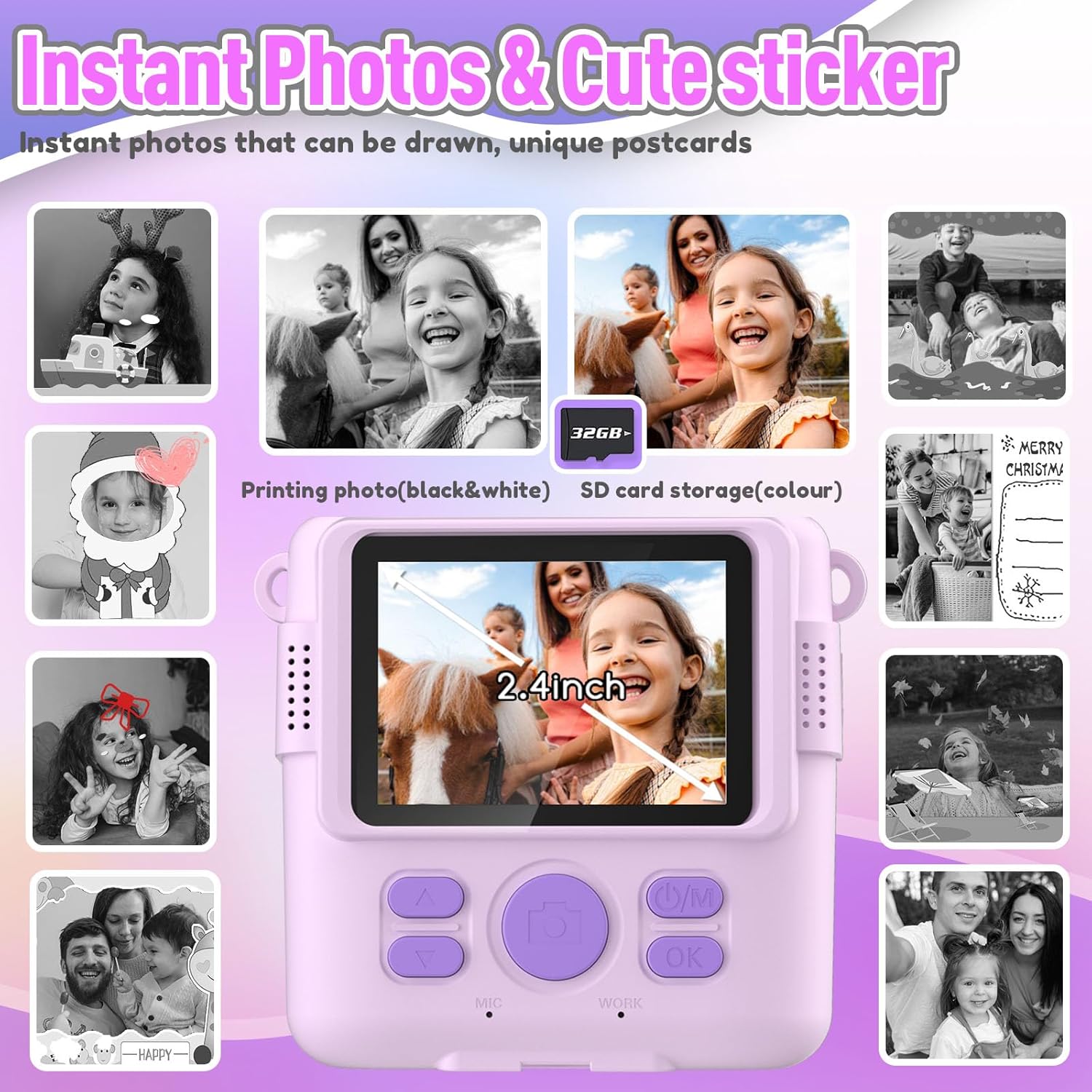 Instant Print Camera for Kids, Christmas Birthday Gifts for Girls Boys, HD Digital Video Cameras for Toddler, Portable Toy for 4 5 6 7 8 9 10 Year Old Girl with 32GB SD Card-Purple-2