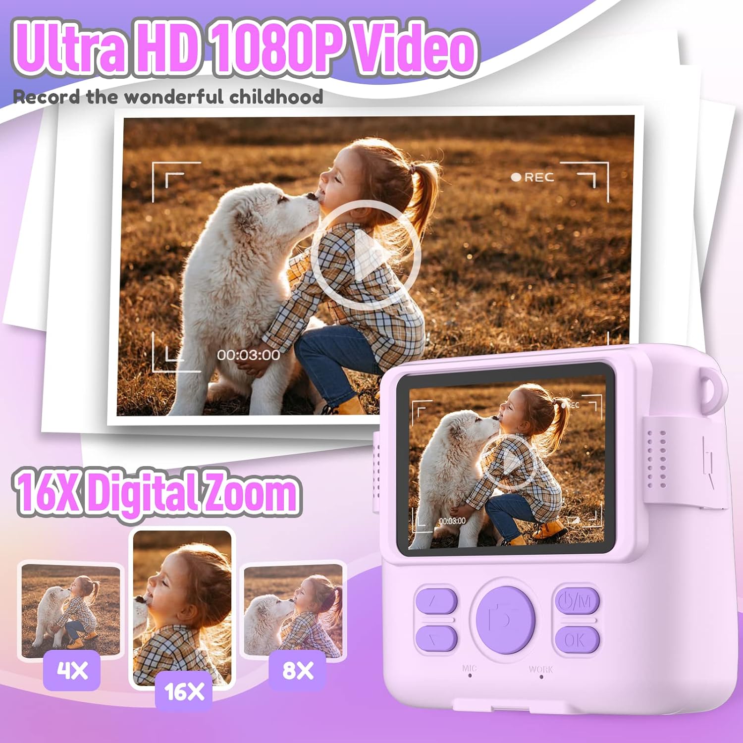 Instant Print Camera for Kids, Christmas Birthday Gifts for Girls Boys, HD Digital Video Cameras for Toddler, Portable Toy for 4 5 6 7 8 9 10 Year Old Girl with 32GB SD Card-Purple-3