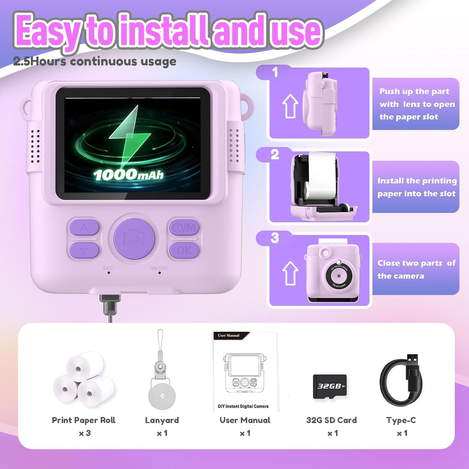 Instant Print Camera for Kids, Christmas Birthday Gifts for Girls Boys, HD Digital Video Cameras for Toddler, Portable Toy for 4 5 6 7 8 9 10 Year Old Girl with 32GB SD Card-Purple-5