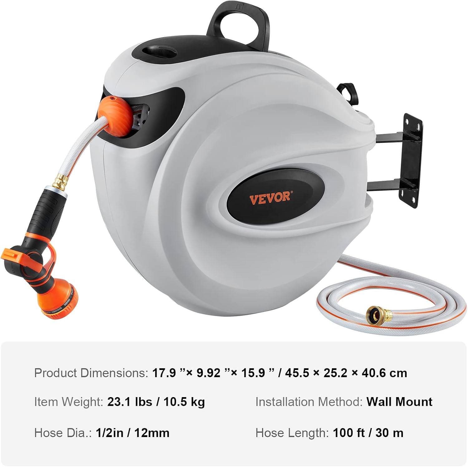 VEVOR Retractable Hose Reel, 100 ft x 1/2 inch, Garden Water Hose Reel with 9-Pattern Nozzle, 180° Swivel Bracket Wall-Mounted, Automatic Rewind, Lock at Any Length, with Slow Return System-6