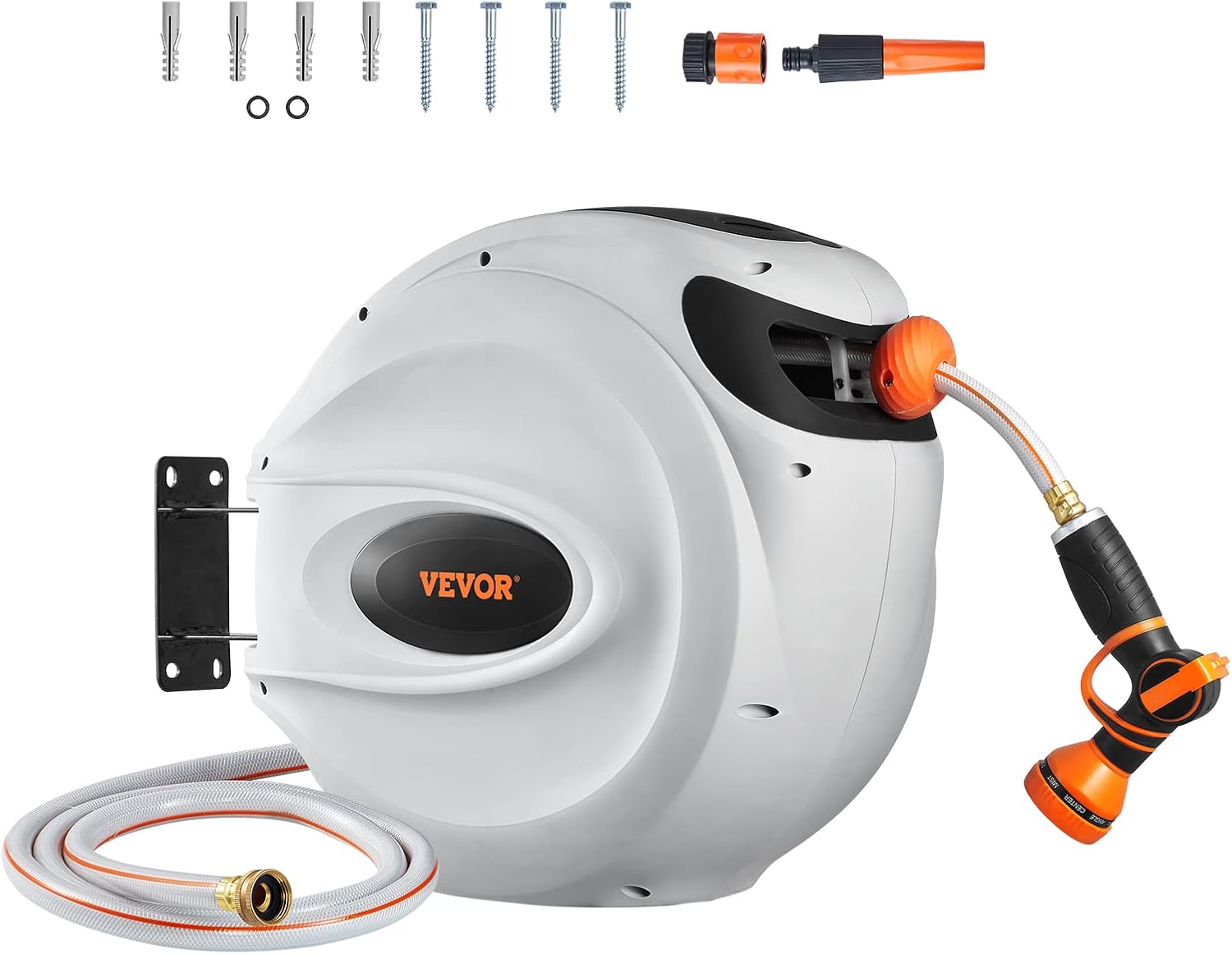 VEVOR Retractable Hose Reel, 100 ft x 1/2 inch, Garden Water Hose Reel with 9-Pattern Nozzle, 180° Swivel Bracket Wall-Mounted, Automatic Rewind, Lock at Any Length, with Slow Return System-8