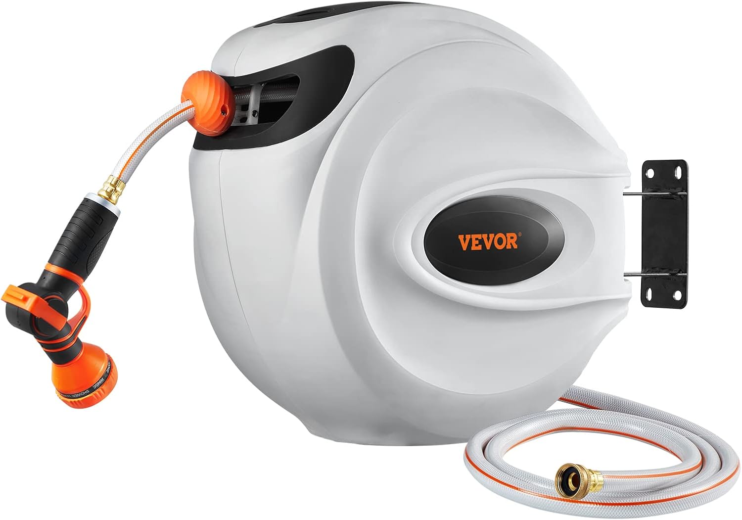 VEVOR Retractable Hose Reel, 100 ft x 1/2 inch, Garden Water Hose Reel with 9-Pattern Nozzle, 180° Swivel Bracket Wall-Mounted, Automatic Rewind, Lock at Any Length, with Slow Return System-9