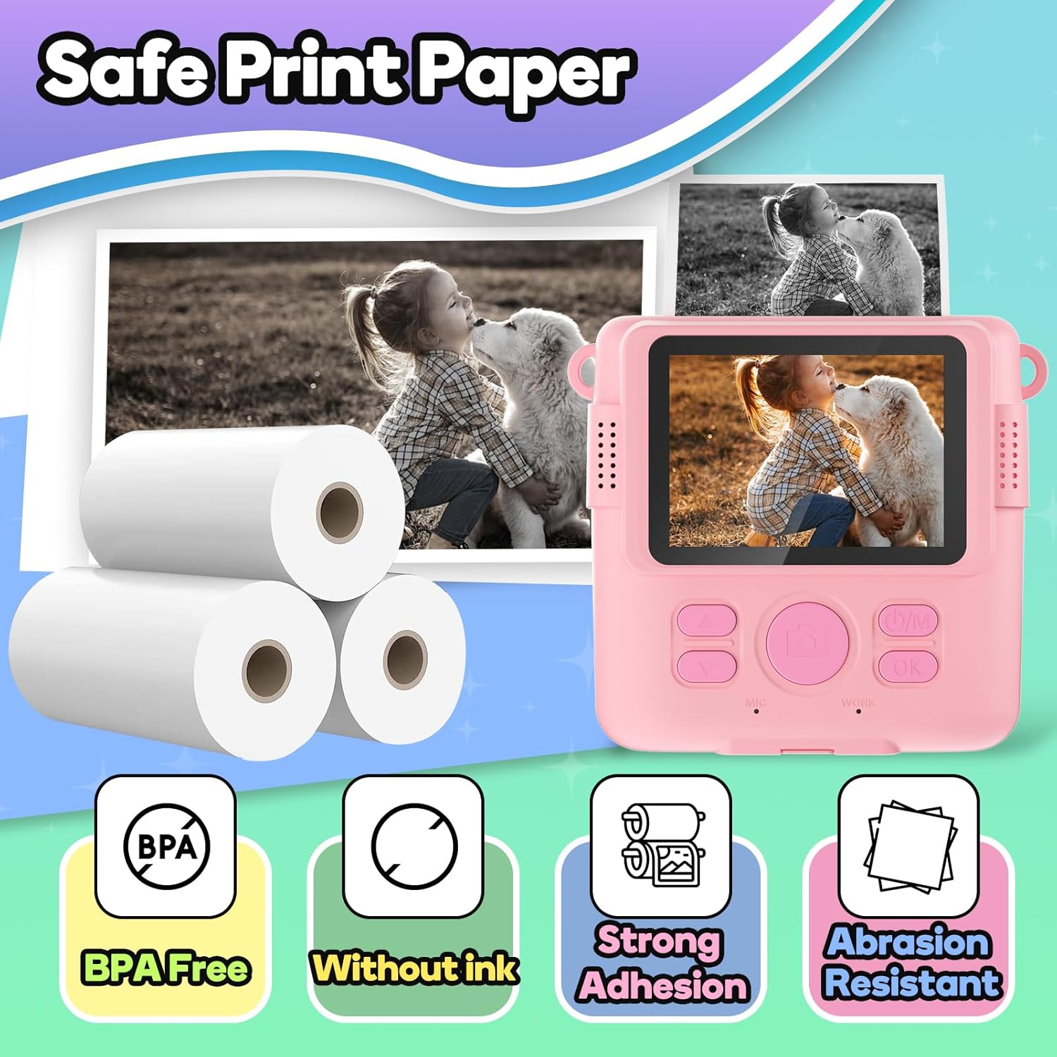 Printer Paper,6 Rolls for Kids Instant Print Camera,HD Printing Thermal Print Paper Set Portable Refill Print Paper-1