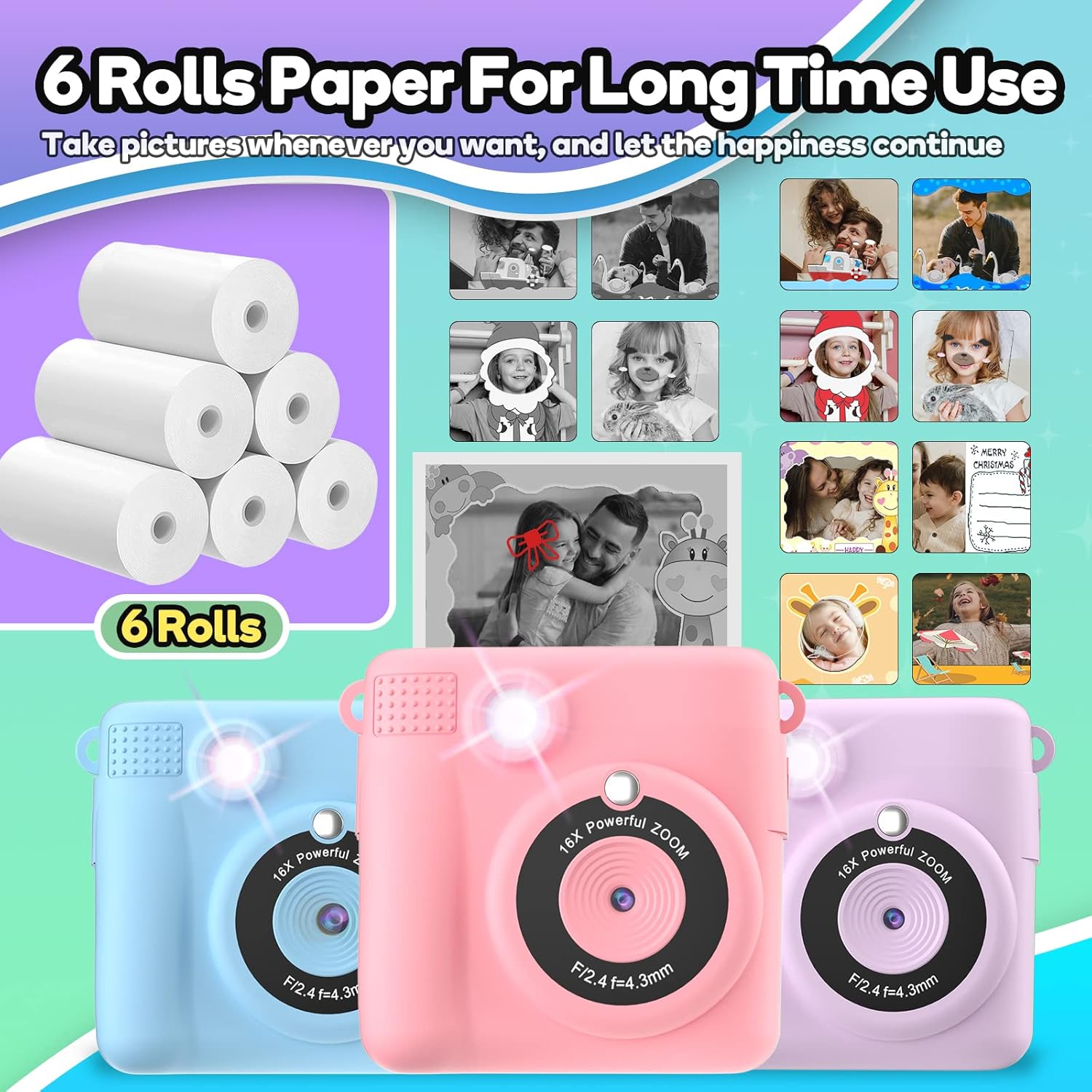 Printer Paper,6 Rolls for Kids Instant Print Camera,HD Printing Thermal Print Paper Set Portable Refill Print Paper-6