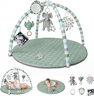 Blissful Diary Baby Play Gym Mat, Tummy Time Mat with 6 Detachable Toys for Stage-Based Sensory & Motor Skill Development, Baby Activity Mat Easy to Install & Clean, Baby Essentials Gift, Sage Green