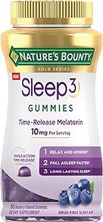 Nature's Bounty Sleep3 Gummies, Triple Action Time-Release Sleep Aid, Melatonin 10mg, Blueberry Flavor, 60 Gummies