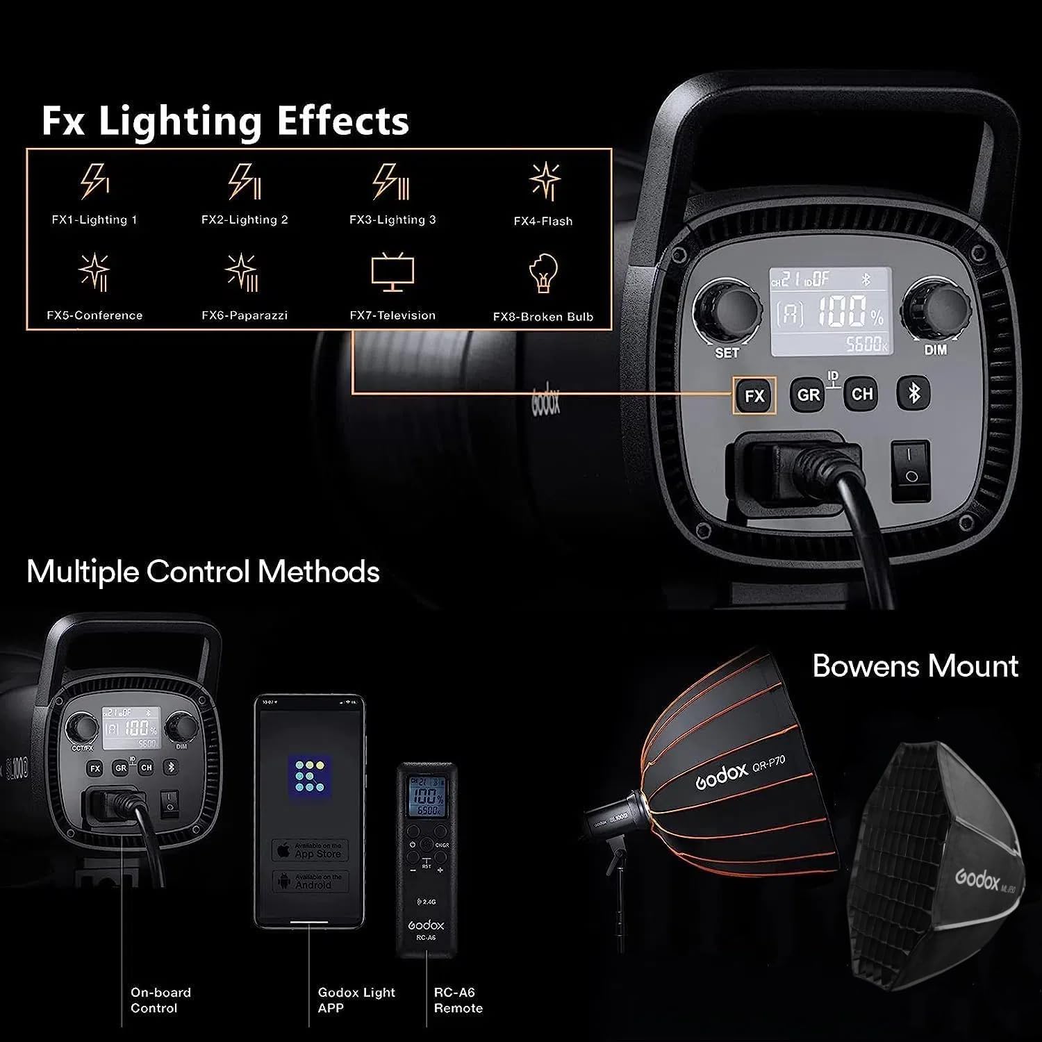 Godox SL60IID 70W LED Video Light, 18600Lux@1M 5600K COB LED Continuous Light, Bluetooth App&2.4G Wireless Remote Control 8 Built-in Fx Effects, TLCI/CRI 97+/96+Bowens Mount Studio Light-4