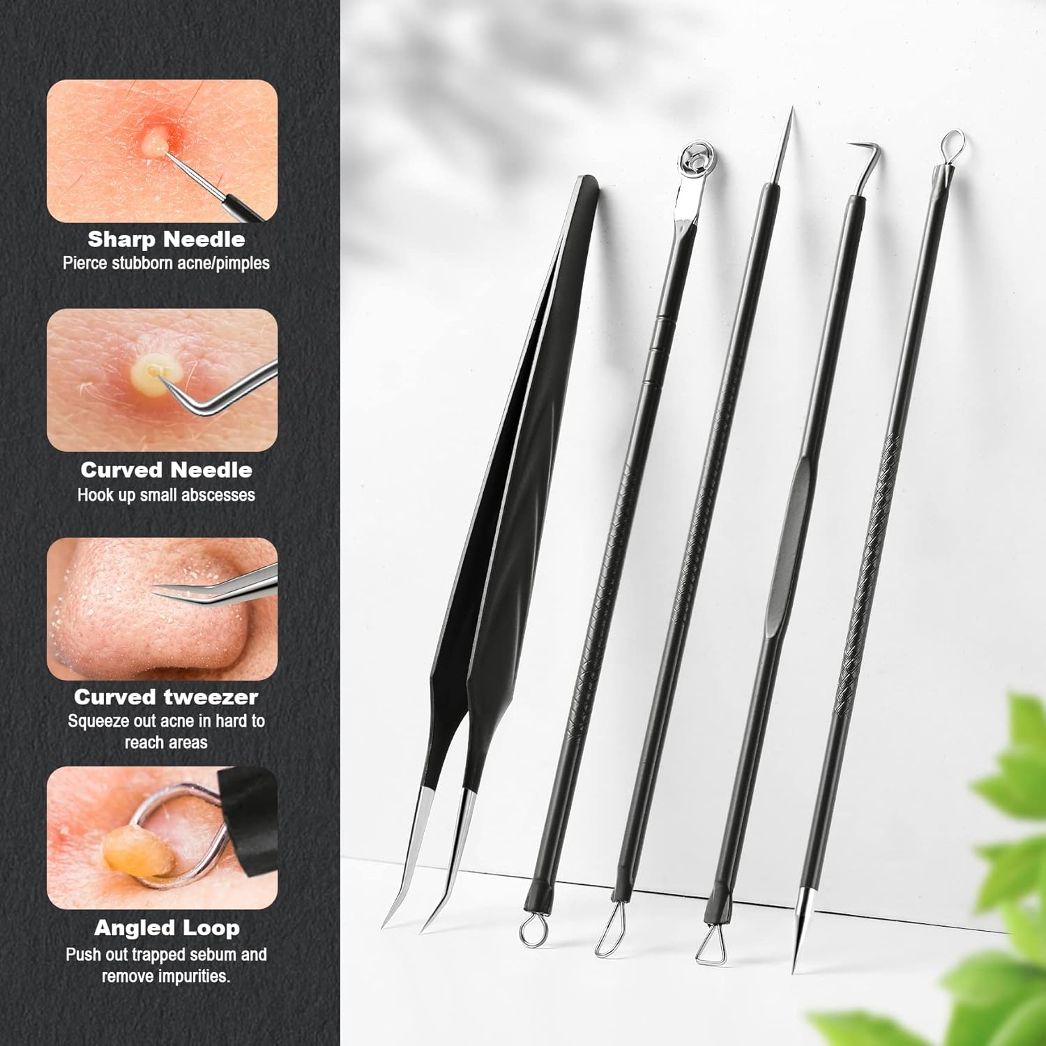 FVION Blackhead and Acne Extractor Kit, Professional Pimple Popper Tool Kit, Acne Tweezers and Blackhead Remover Tools for Face, 5 PCS Surgical Extractor Pimple Popping Tools-3