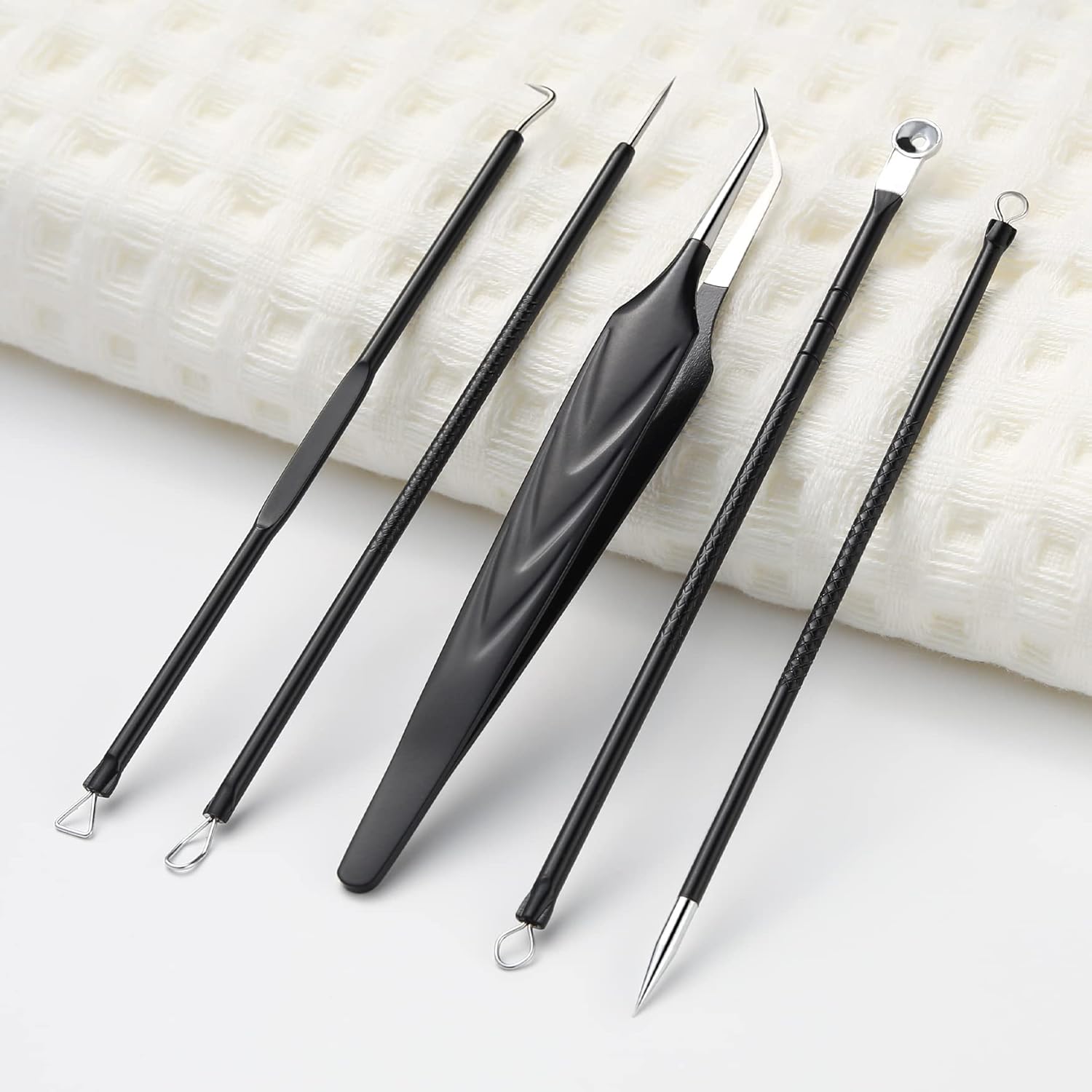 FVION Blackhead and Acne Extractor Kit, Professional Pimple Popper Tool Kit, Acne Tweezers and Blackhead Remover Tools for Face, 5 PCS Surgical Extractor Pimple Popping Tools-5