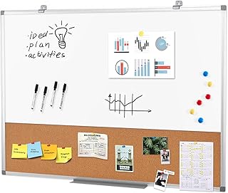 Magnetic Dry Erase and Cork Board Combo Hanging Whiteboard Notice Board for Wall Gift Home School Office,36x24 Inches,with Maker/Pins/PenTray/Hooks