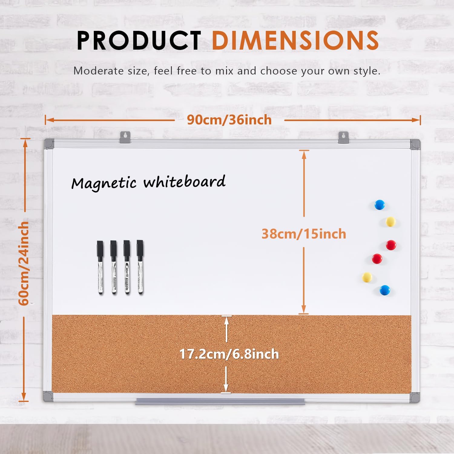 Magnetic Dry Erase and Cork Board Combo Hanging Whiteboard Notice Board for Wall Gift Home School Office,36x24 Inches,with Maker/Pins/PenTray/Hooks-1