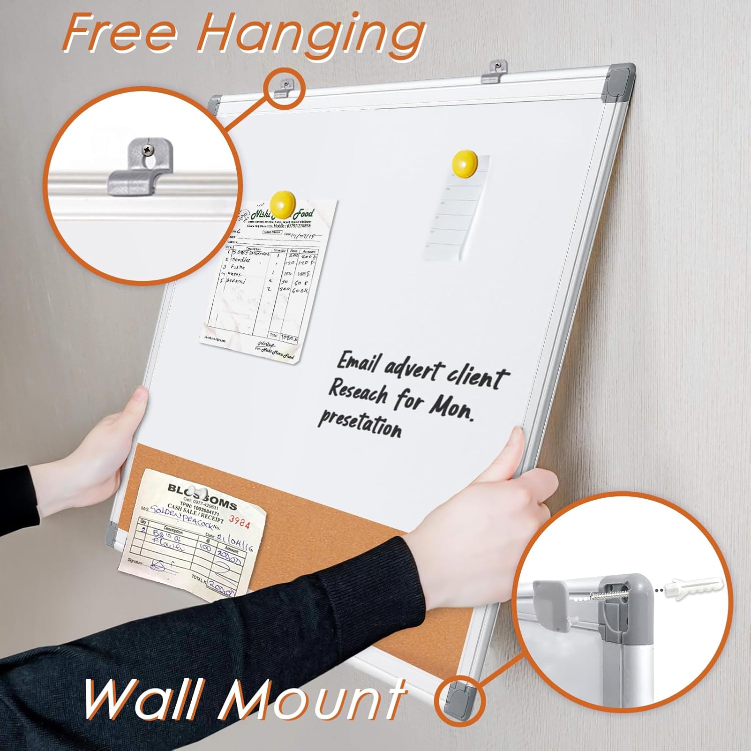 Magnetic Dry Erase and Cork Board Combo Hanging Whiteboard Notice Board for Wall Gift Home School Office,36x24 Inches,with Maker/Pins/PenTray/Hooks-2