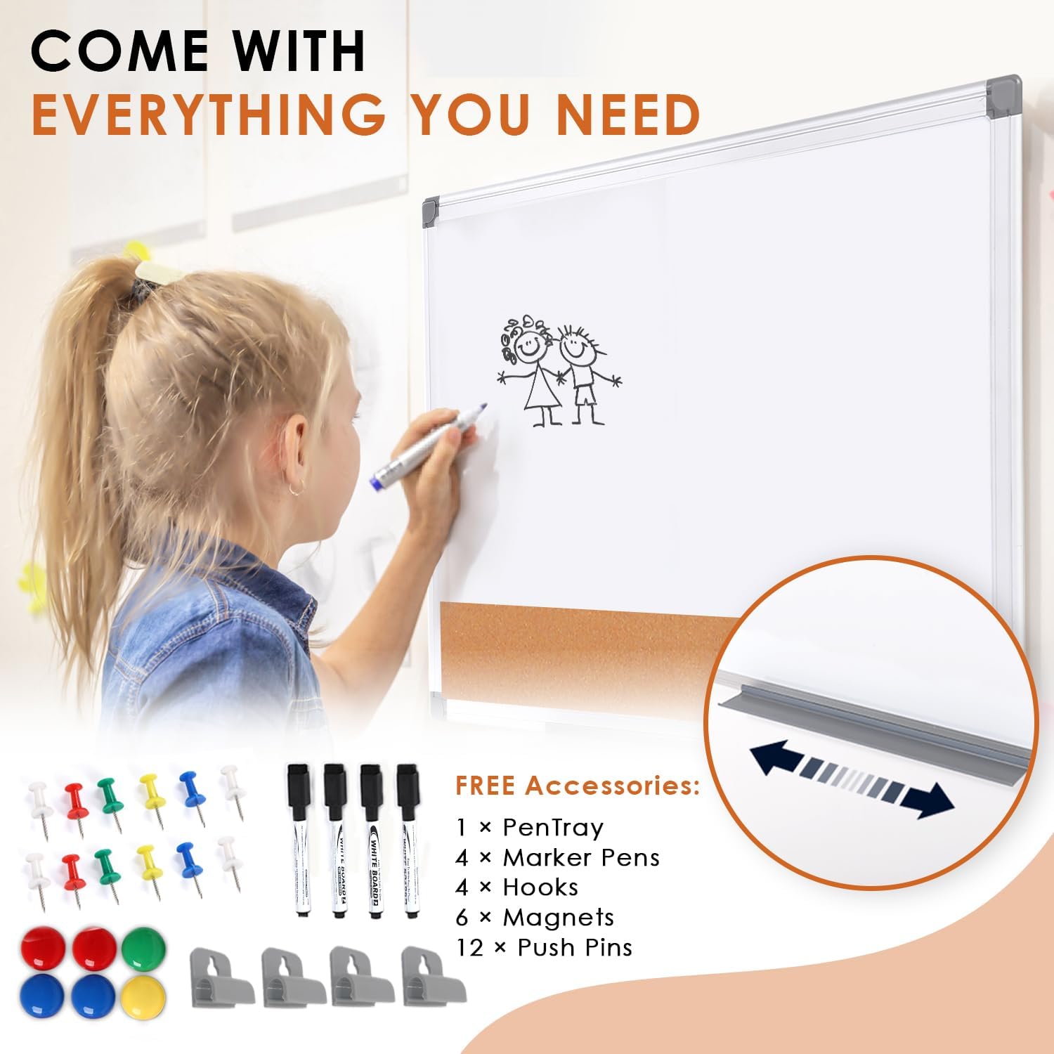 Magnetic Dry Erase and Cork Board Combo Hanging Whiteboard Notice Board for Wall Gift Home School Office,36x24 Inches,with Maker/Pins/PenTray/Hooks-5