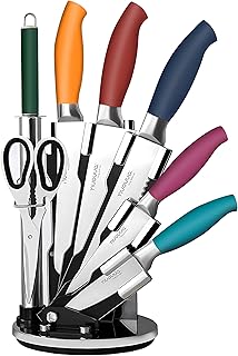 Professional Kitchen Knife Set – 7pcs Multi Colour Kitchen Knives – 360 Degree Rotating Knife Block Sharp Stainless Steel Blades – by Nuovva