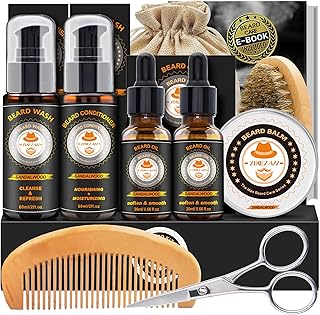 XIKEZAN Men's Beard Grooming Kit - Sandalwood Oil, Wash, Balm, Comb, Brush, Scissors, Bag, E-Book, Gift for Him