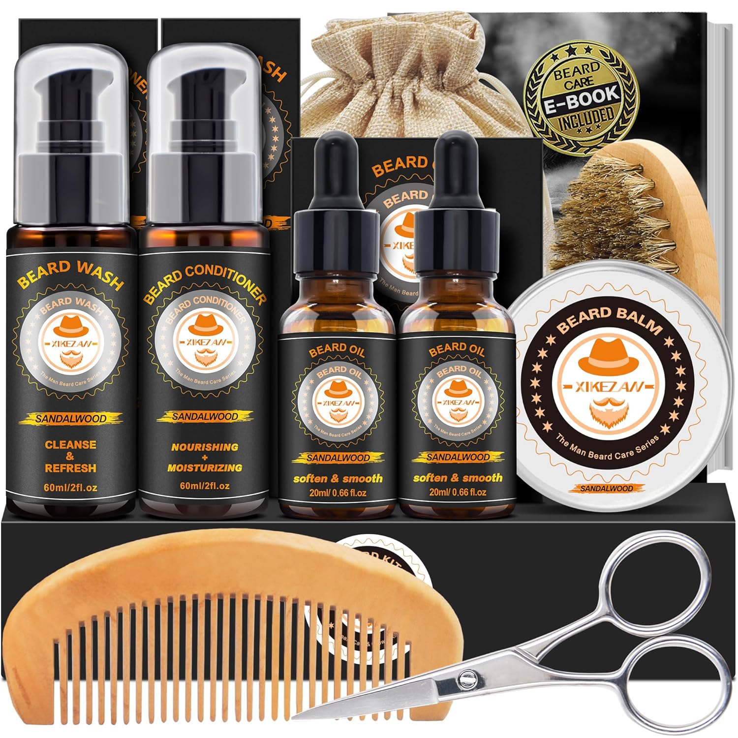 XIKEZAN Men's Beard Grooming Kit - Sandalwood Oil, Wash, Balm, Comb, Brush, Scissors, Bag, E-Book, Gift for Him-0